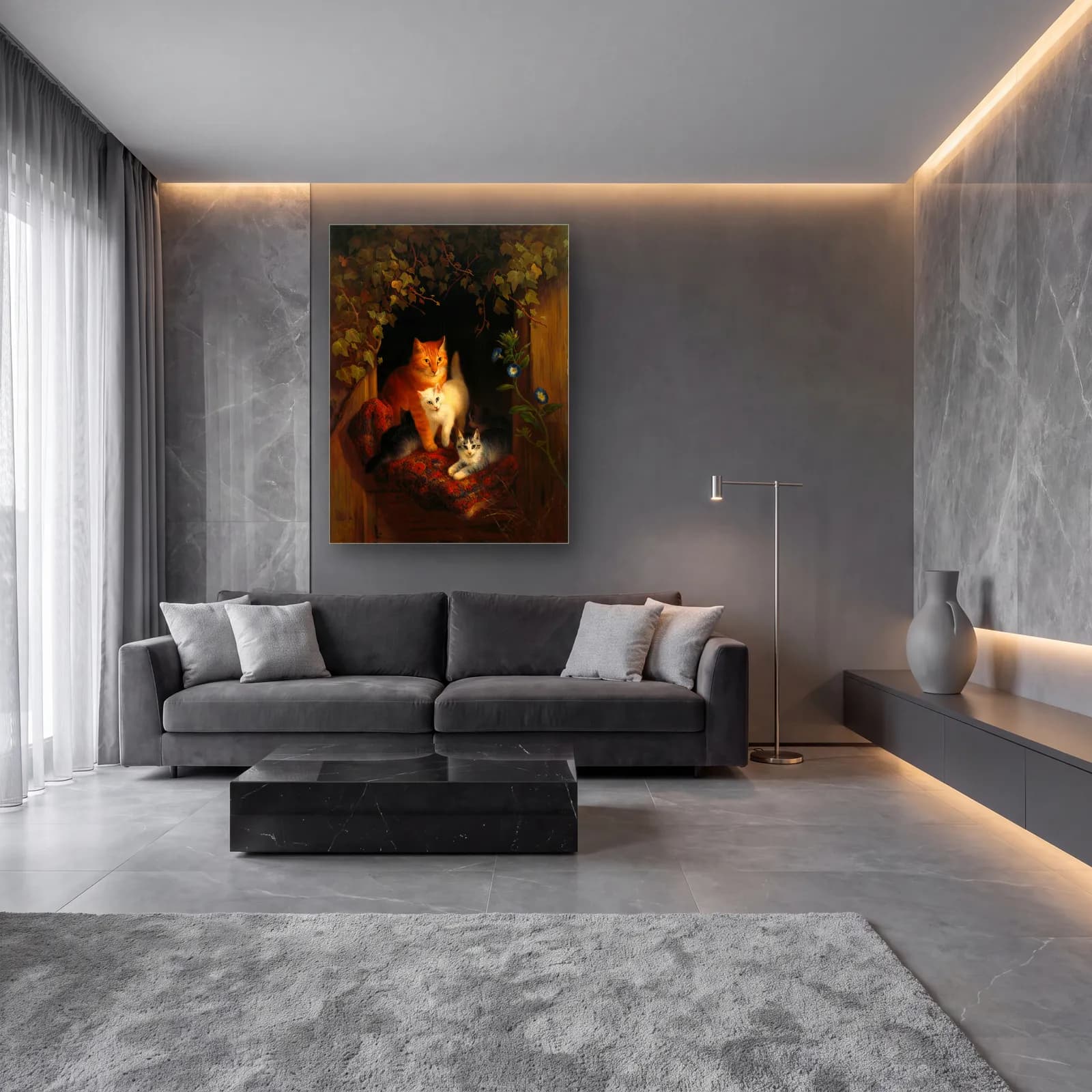 Klasik Yağlı Boya Kediler cam tablo — lüks salon duvarında