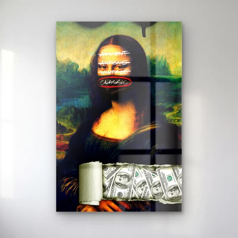 Grafiti Yazılı Mona Lisa Dolar cam tablo — Yüzünde karalanmış yazılar olan ve elinde dolar banknot rulosu tutan Mona Lisa