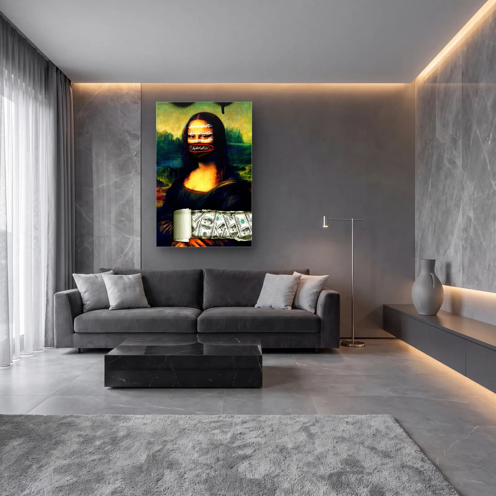 Grafiti Yazılı Mona Lisa Dolar cam tablo — lüks salon duvarında