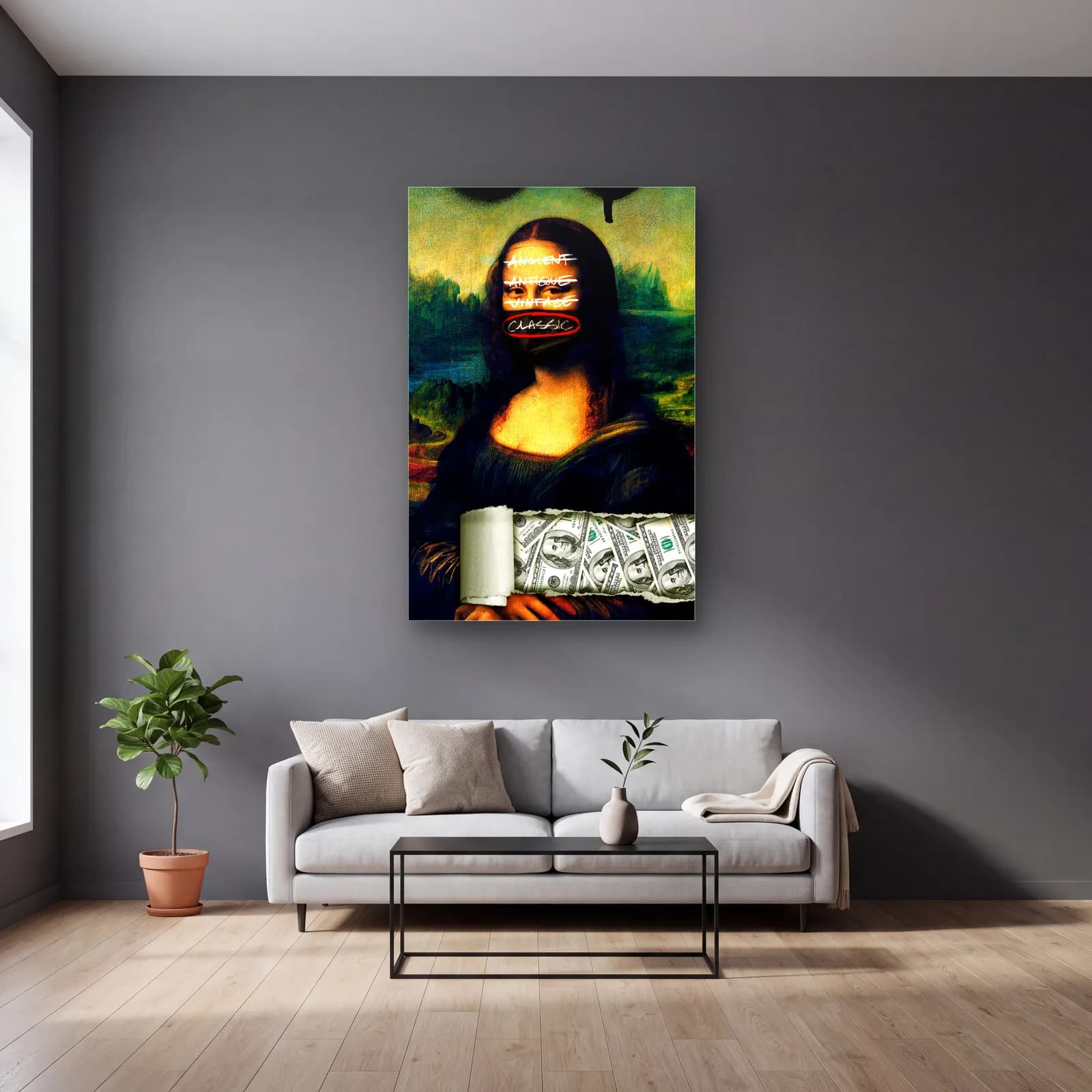 Grafiti Yazılı Mona Lisa Dolar cam tablo — gri duvarlı salonda