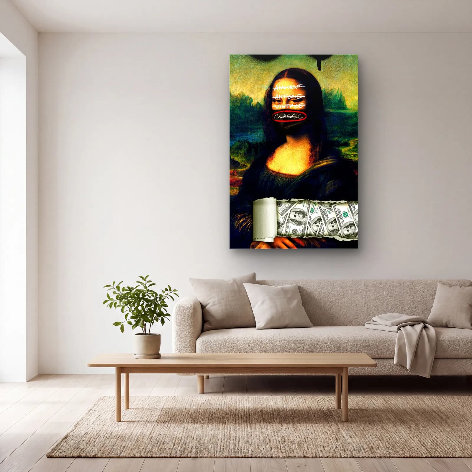 Grafiti Yazılı Mona Lisa Dolar cam tablo — açık renk salonda