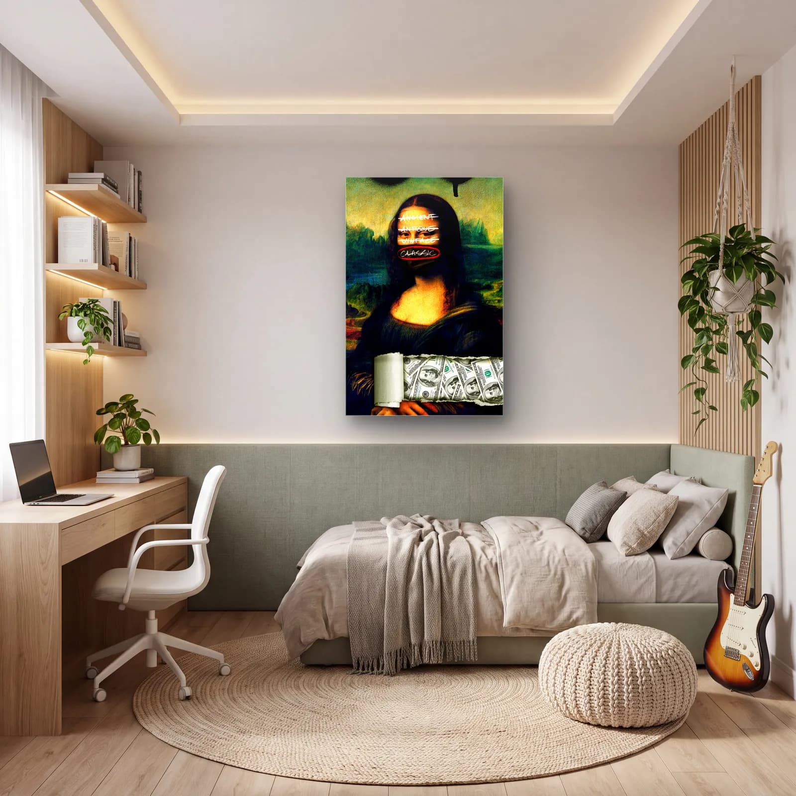 Grafiti Yazılı Mona Lisa Dolar cam tablo — genç odasında