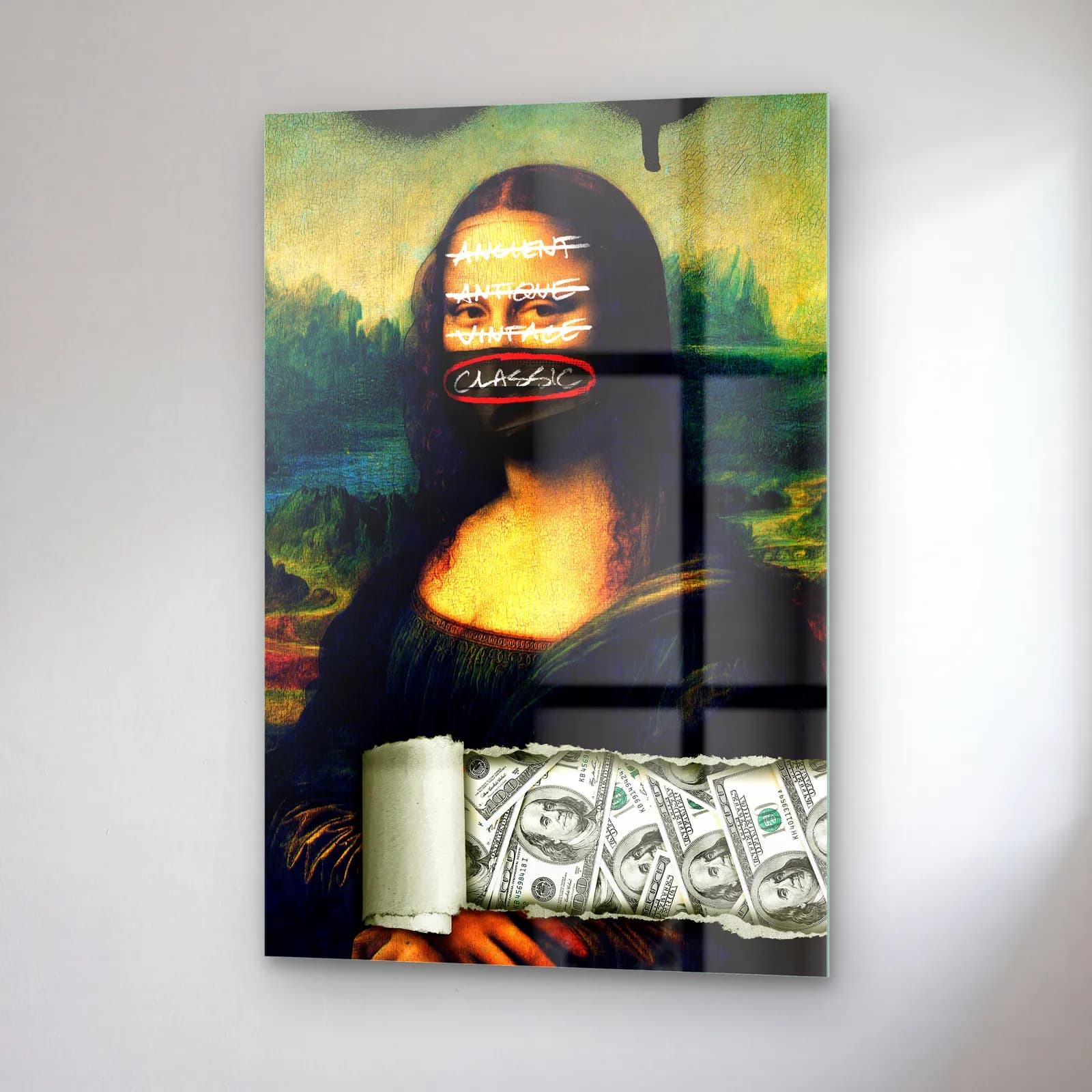 Grafiti Yazılı Mona Lisa Dolar cam tablo — sağ açıdan görünüm