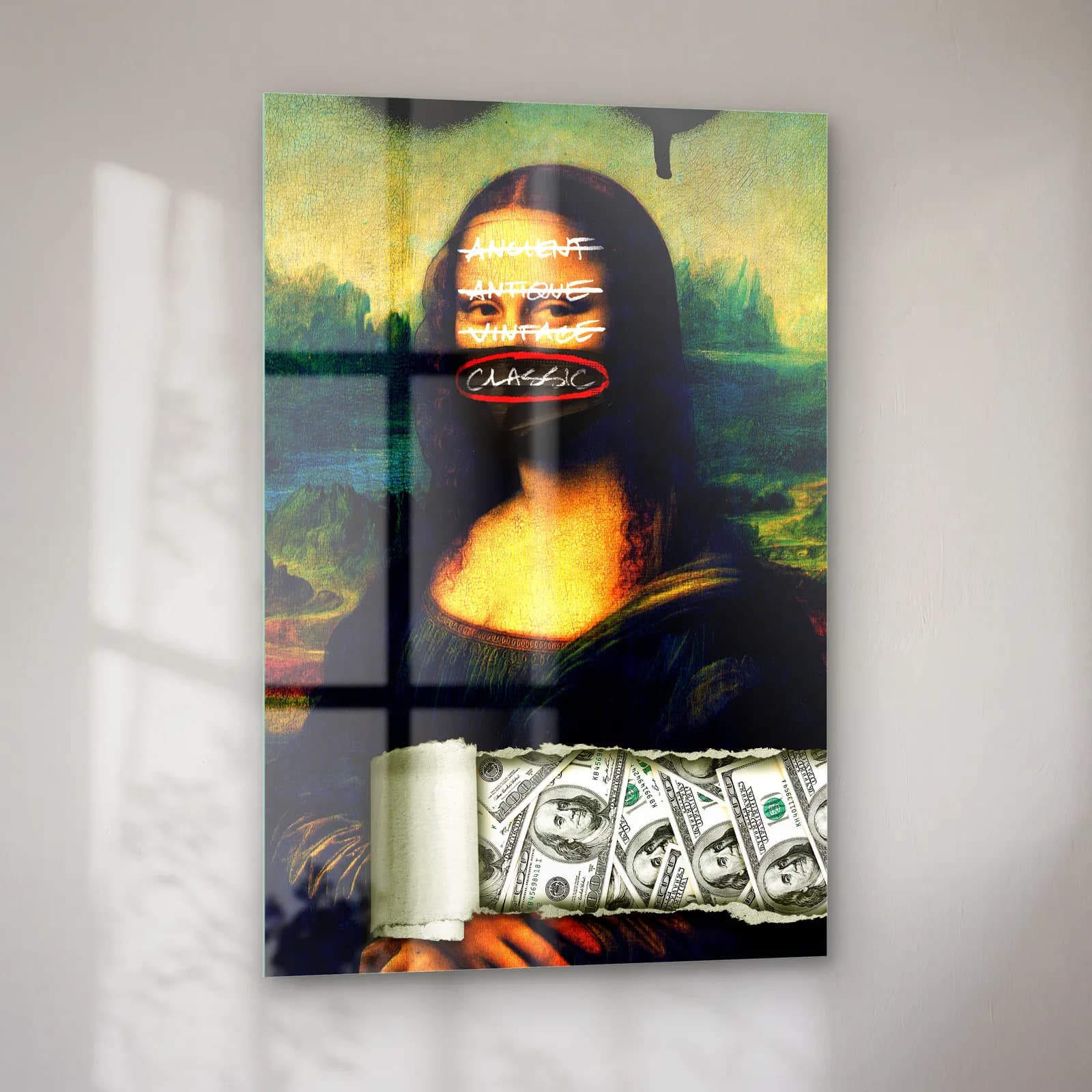 Grafiti Yazılı Mona Lisa Dolar cam tablo — sol açıdan görünüm