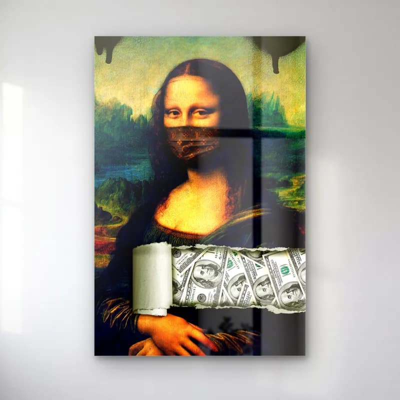 Dolar Maskeli Mona Lisa cam tablo — Dolar desenli maske takmış, elinde banknot rulosu tutan Mona Lisa portresi