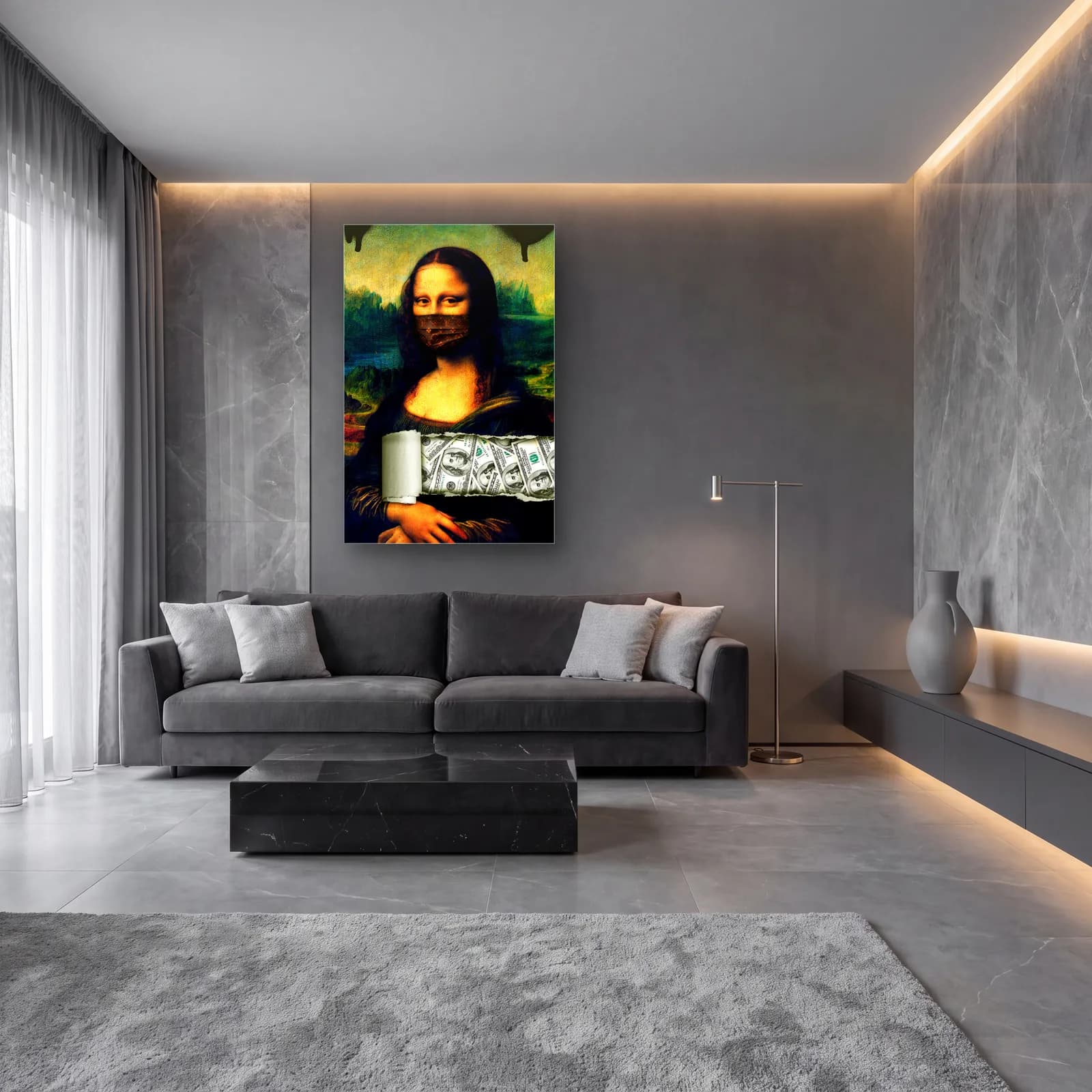 Dolar Maskeli Mona Lisa cam tablo — lüks salon duvarında