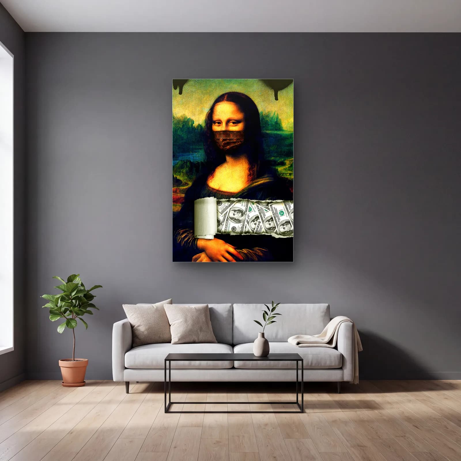 Dolar Maskeli Mona Lisa cam tablo — gri duvarlı salonda