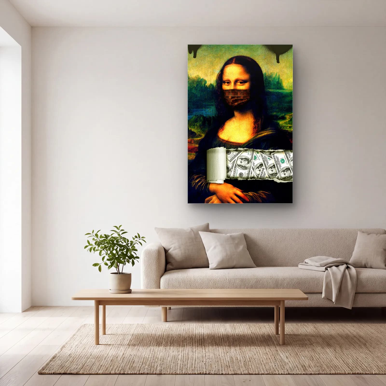 Dolar Maskeli Mona Lisa cam tablo — açık renk salonda