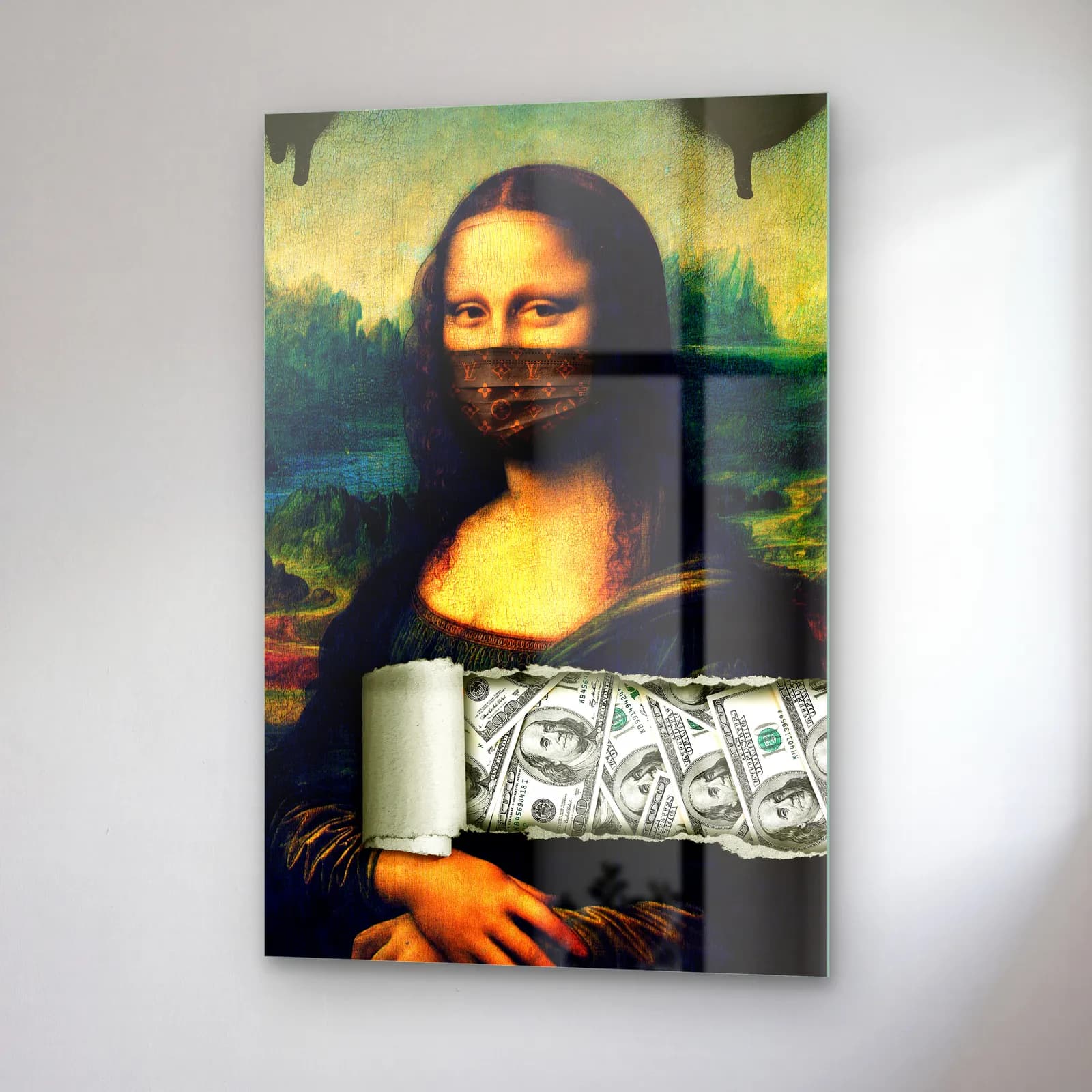 Dolar Maskeli Mona Lisa cam tablo — sağ açıdan görünüm