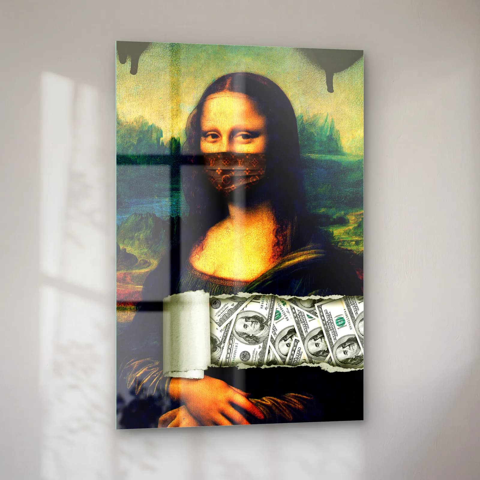 Dolar Maskeli Mona Lisa cam tablo — sol açıdan görünüm
