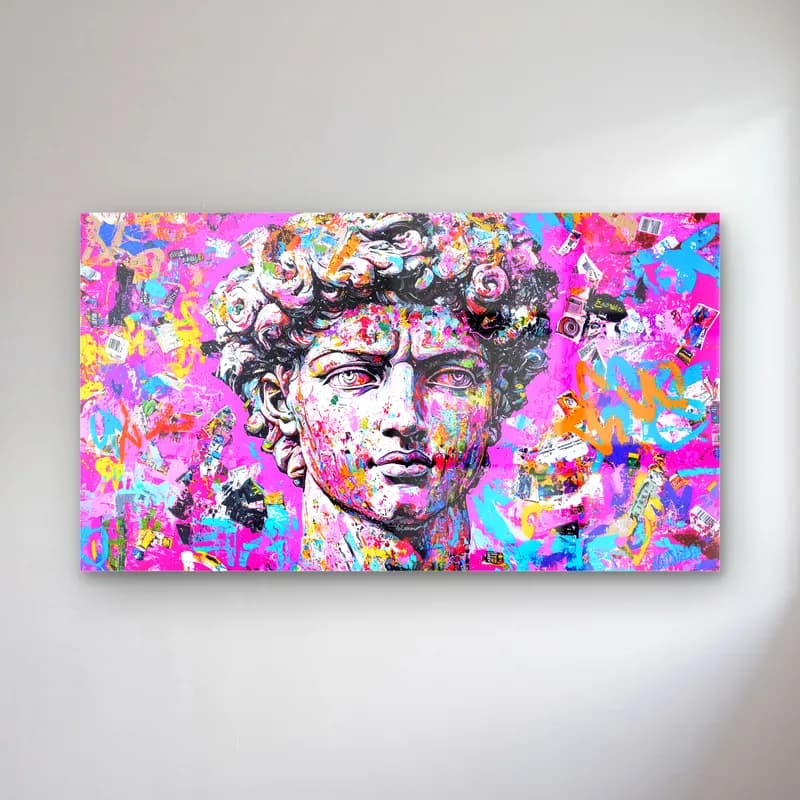 Pop Art Davut Heykeli cam tablo — Pembe ve mavi grafiti kolajı zemin üzerinde renkli boyalı Davut heykeli büstü