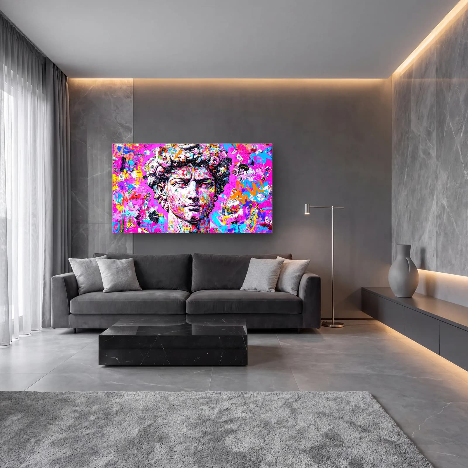 Pop Art Davut Heykeli cam tablo — lüks salon duvarında