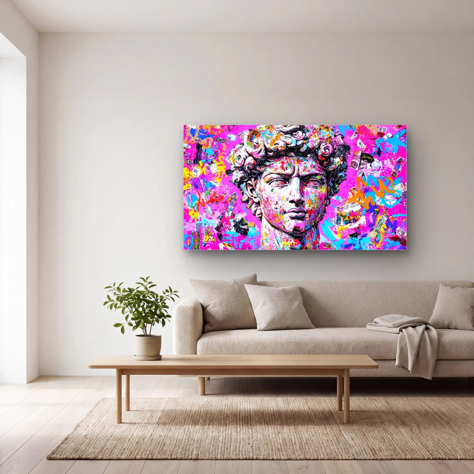 Pop Art Davut Heykeli cam tablo — açık renk salonda
