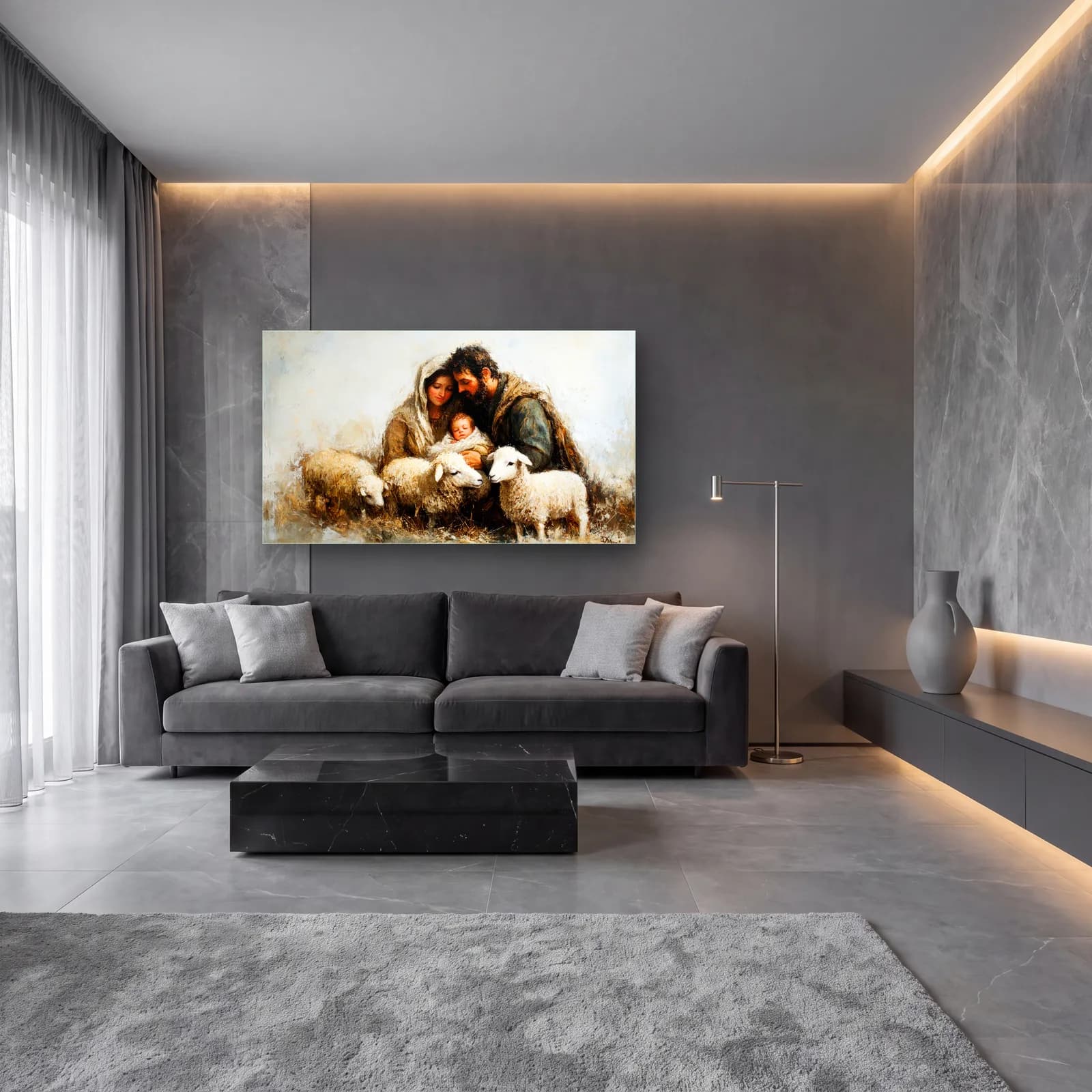 Kutsal Aile ve Kuzular cam tablo — lüks salon duvarında