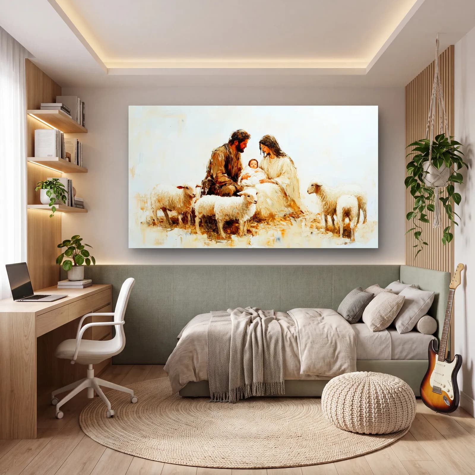 Beyaz Tonlarda Kutsal Aile cam tablo — genç odasında