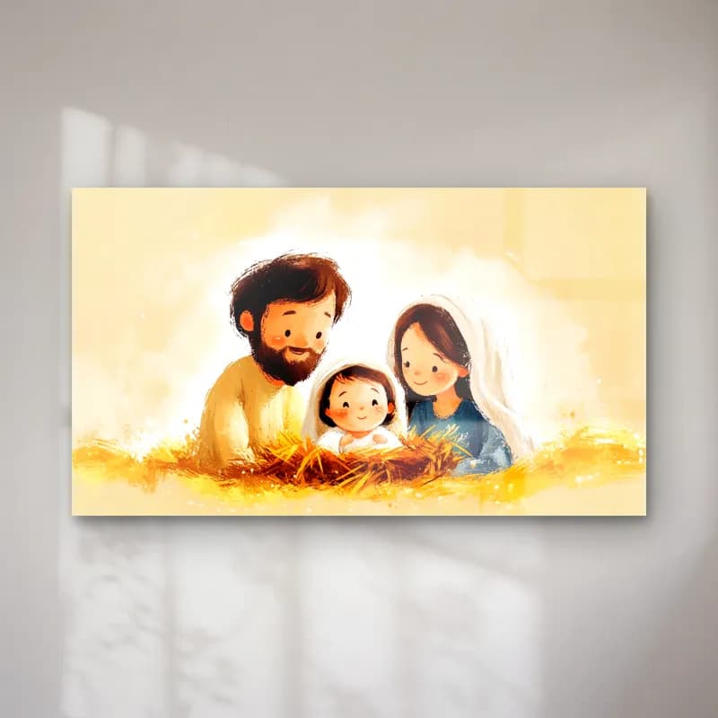 Sevimli Kutsal Aile İllüstrasyonu cam tablo — Sarı samanlık üzerinde bebeğiyle gülümseyen sakallı baba ve başörtülü anne çizimi