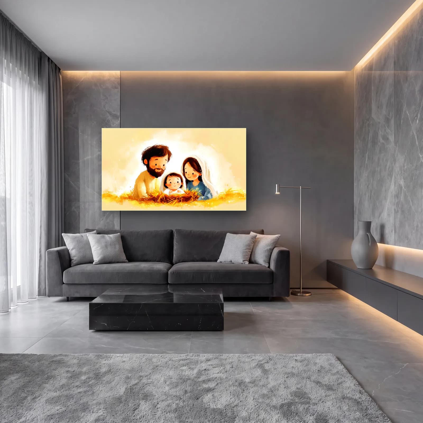 Sevimli Kutsal Aile İllüstrasyonu cam tablo — lüks salon duvarında