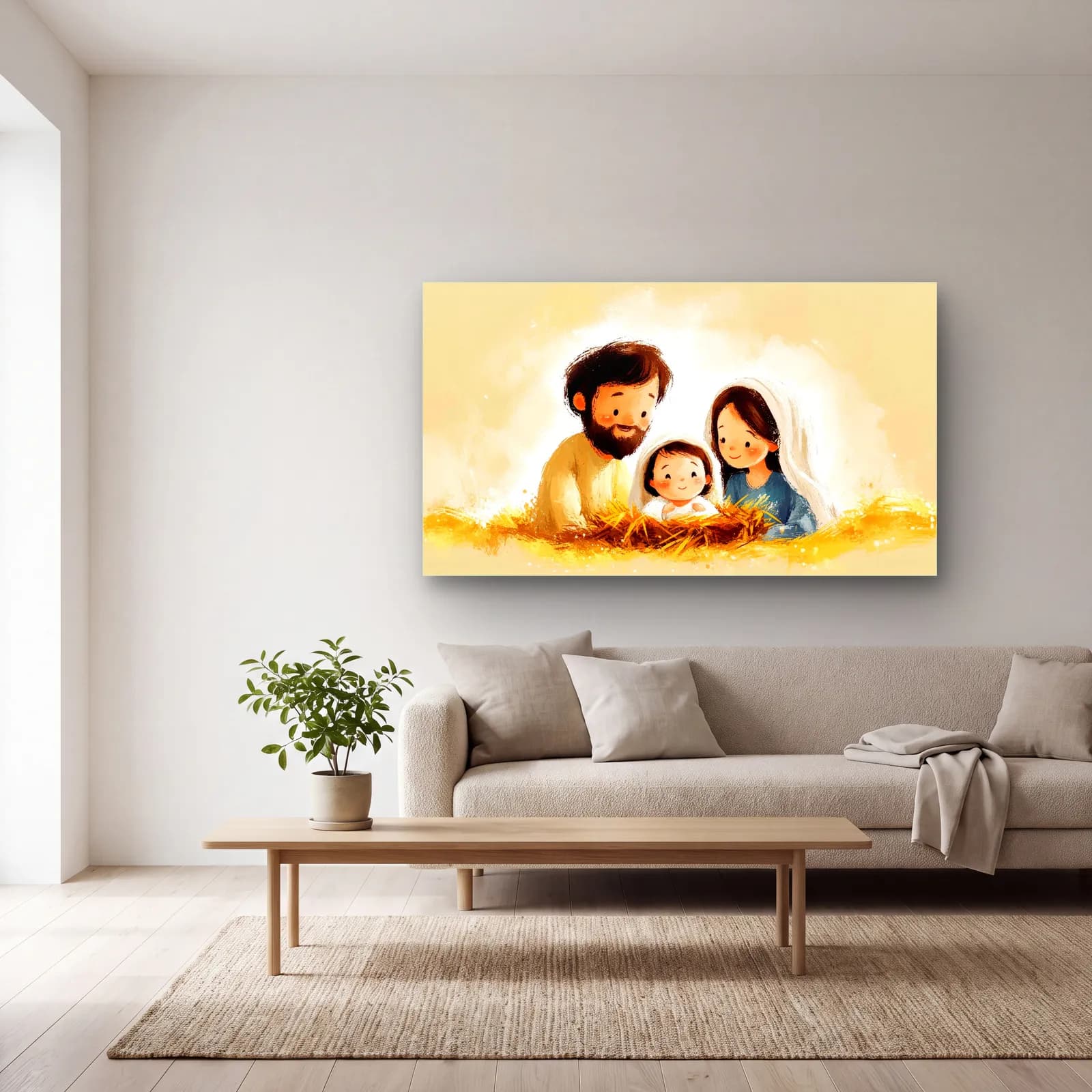 Sevimli Kutsal Aile İllüstrasyonu cam tablo — açık renk salonda