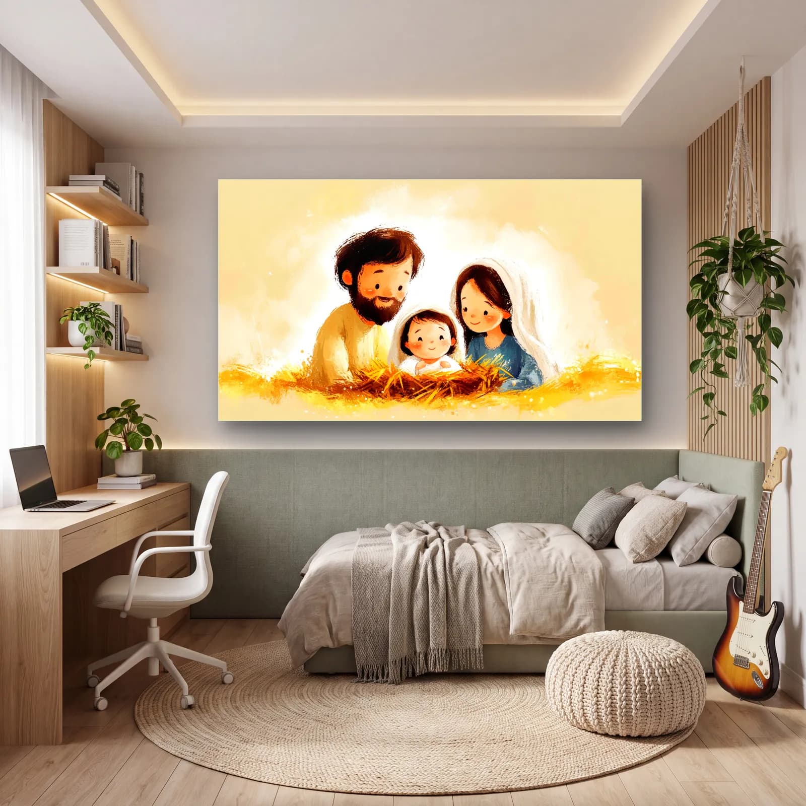Sevimli Kutsal Aile İllüstrasyonu cam tablo — genç odasında