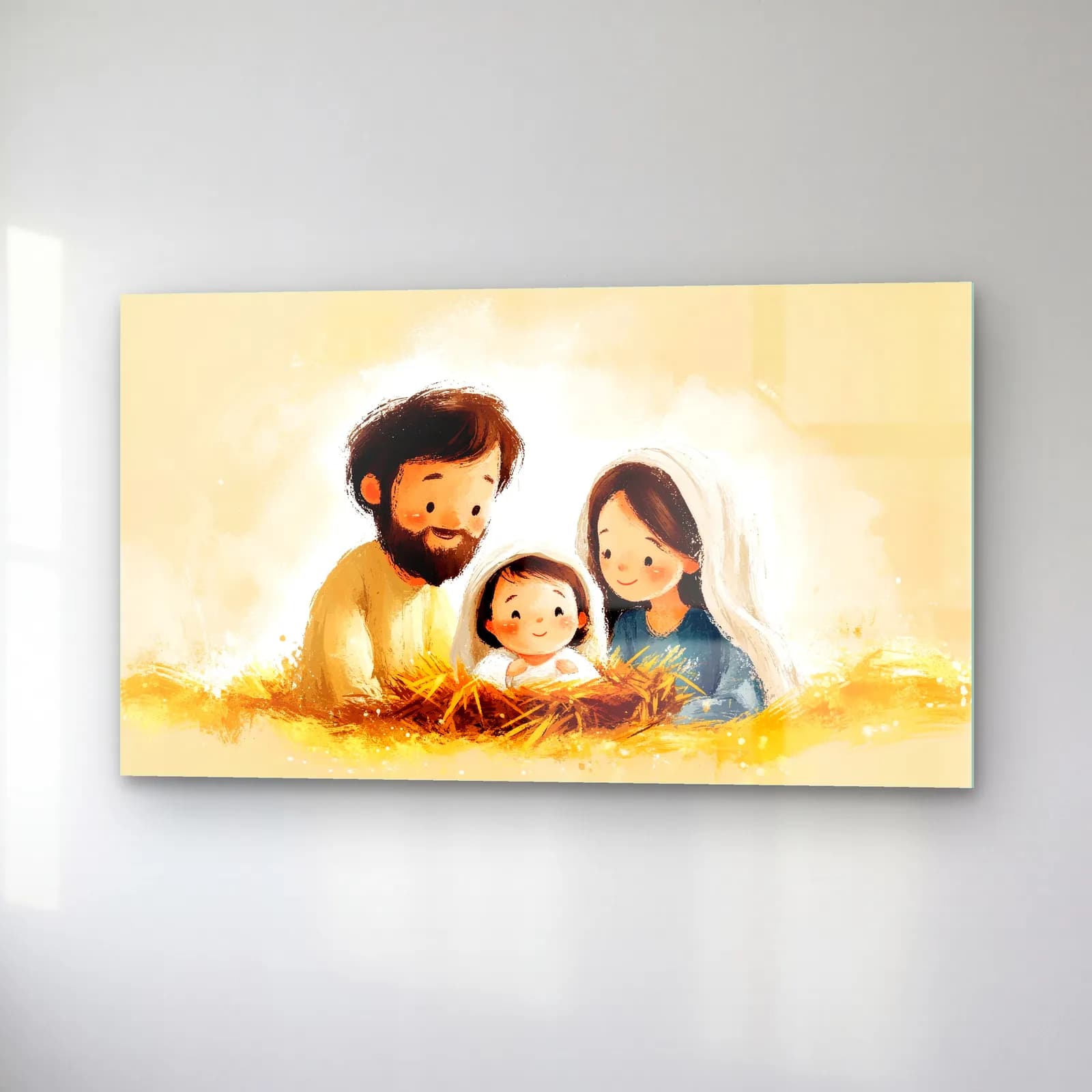 Sevimli Kutsal Aile İllüstrasyonu cam tablo — sağ açıdan görünüm