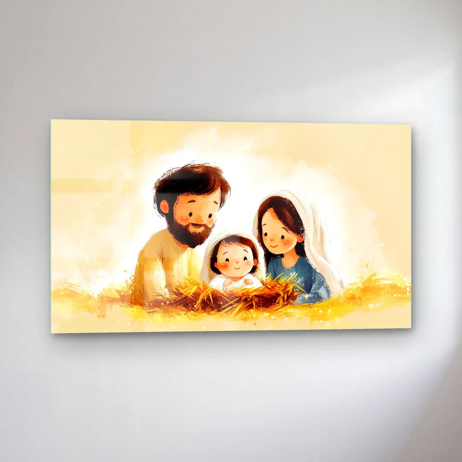 Sevimli Kutsal Aile İllüstrasyonu cam tablo — sol açıdan görünüm