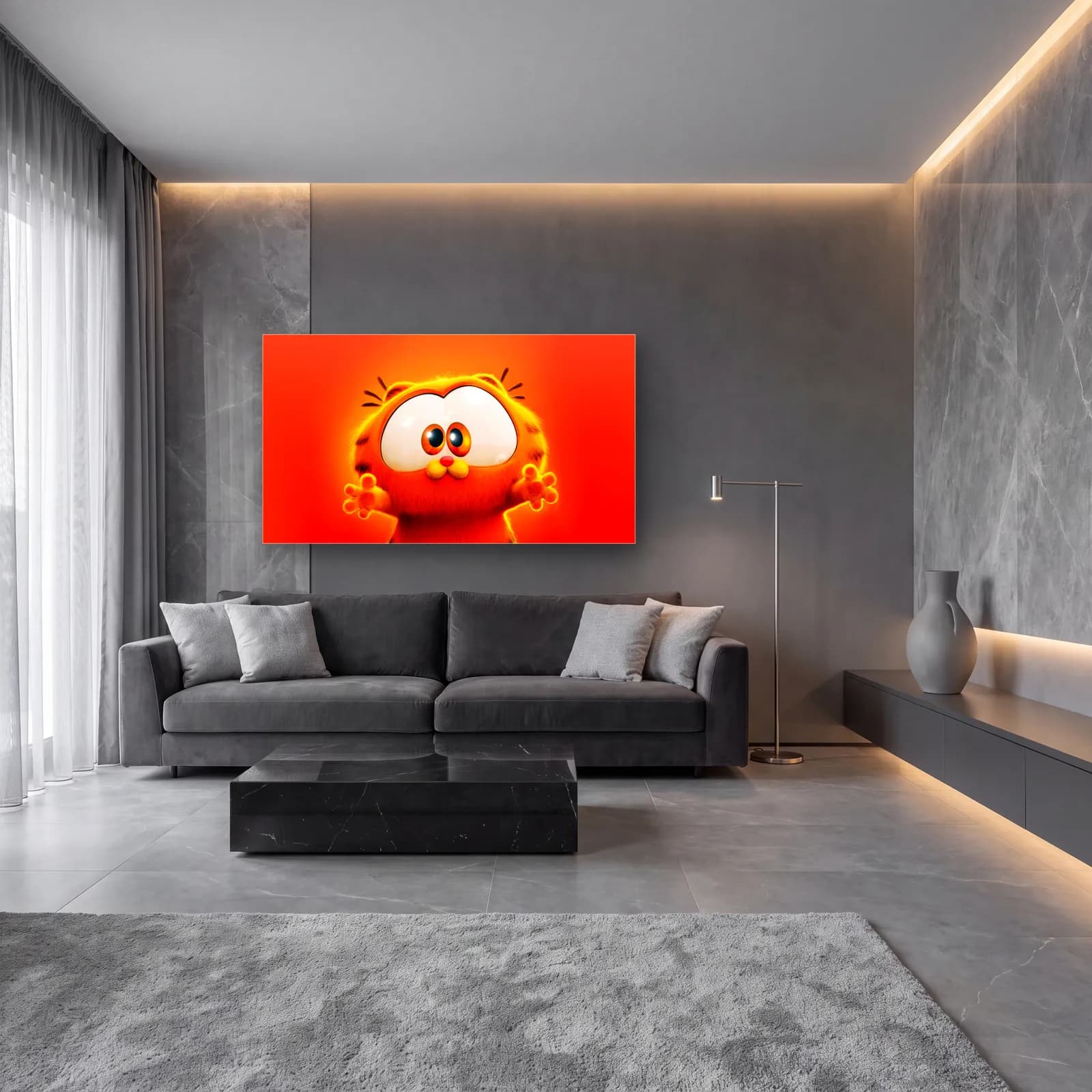 3D Turuncu Tüylü Kedi cam tablo — lüks salon duvarında