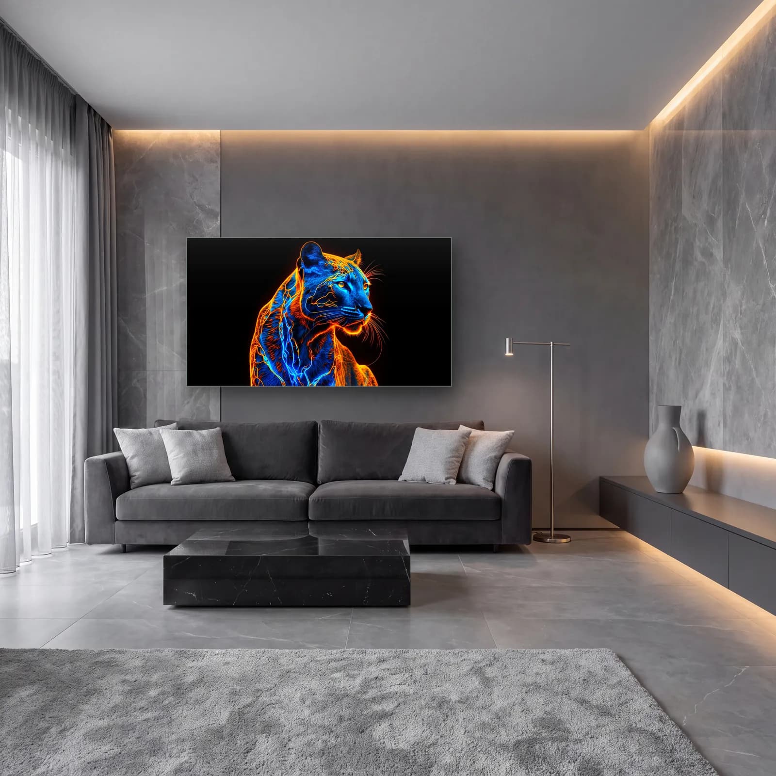 Neon Mavi Panter cam tablo — lüks salon duvarında