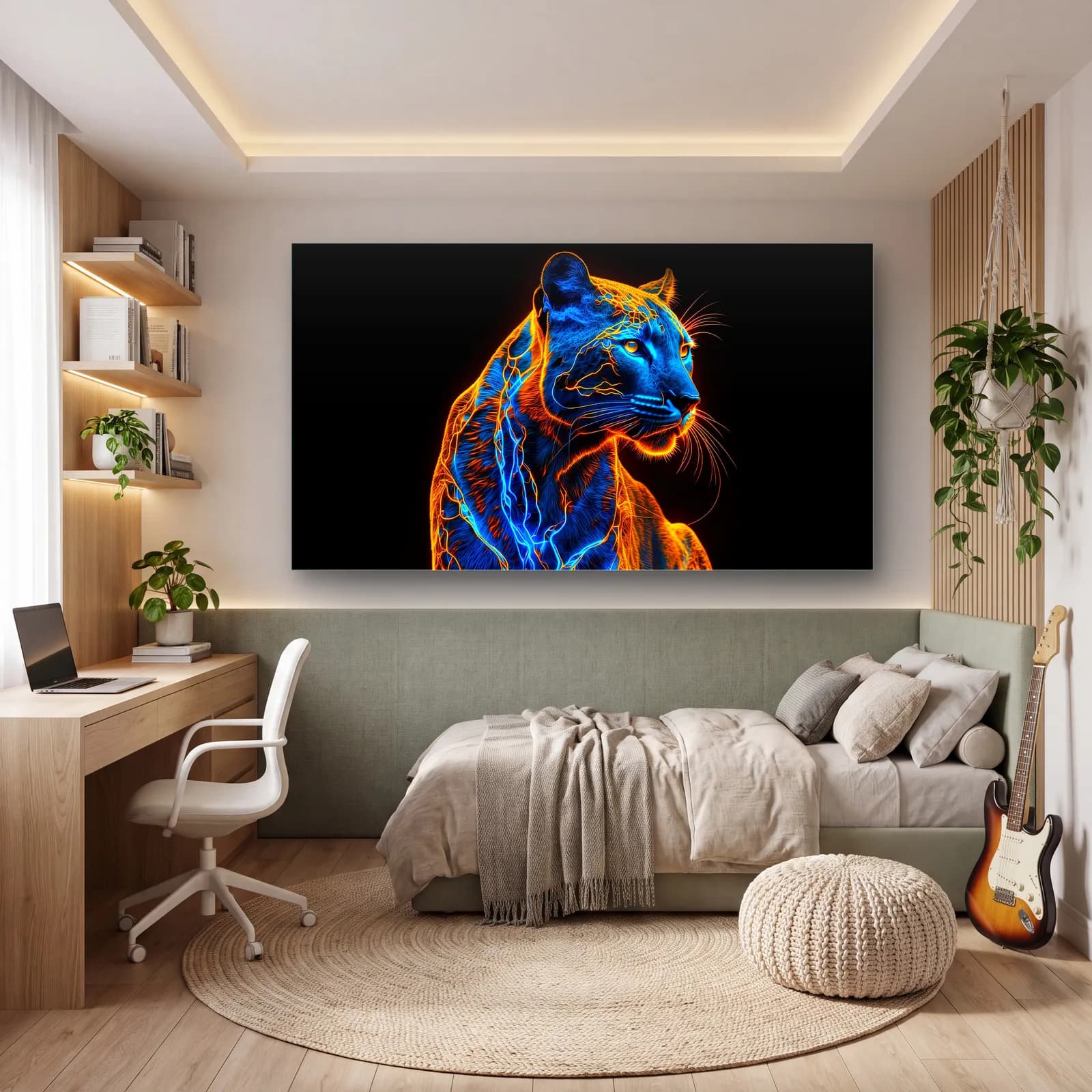 Neon Mavi Panter cam tablo — genç odasında