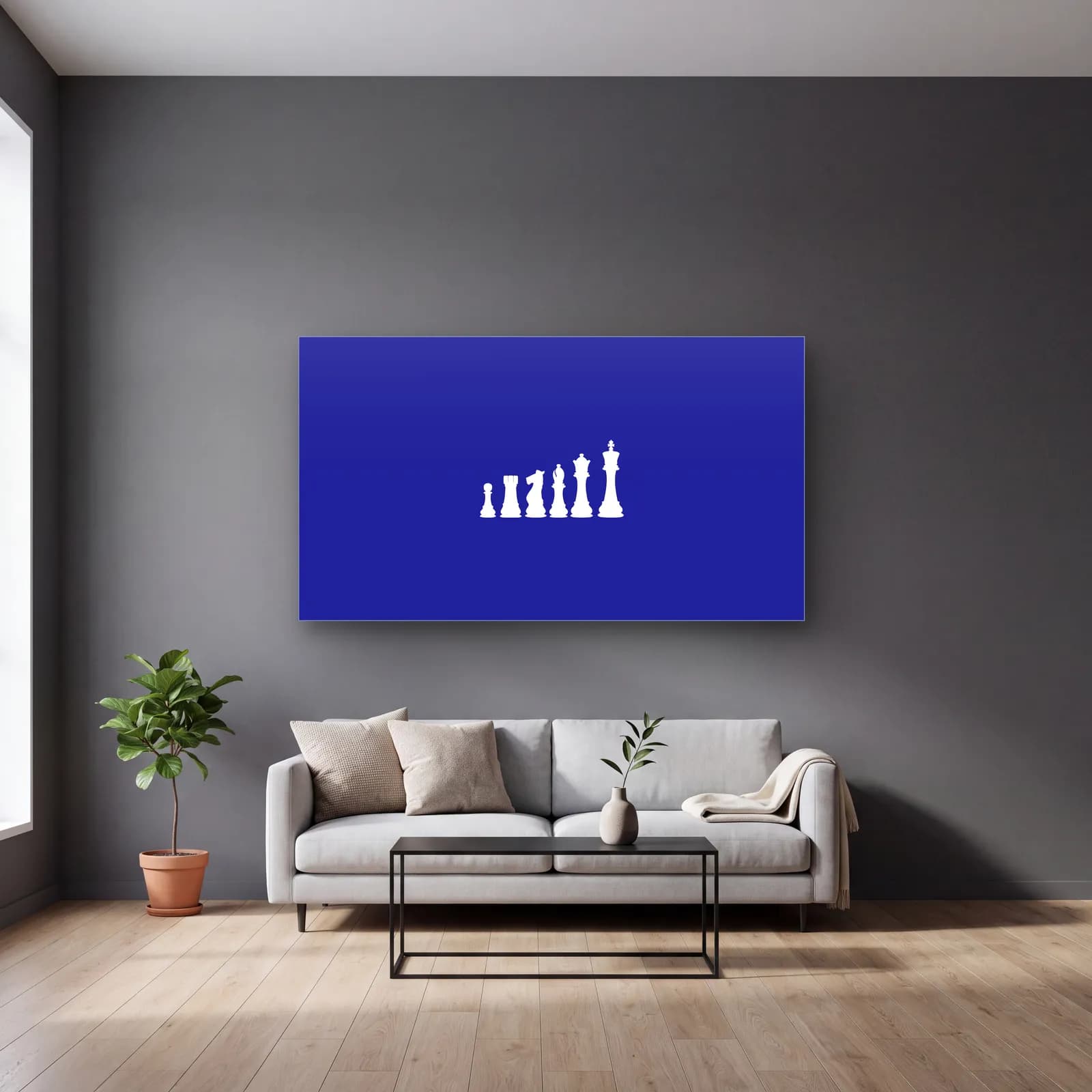 Minimal Satranç Taşları cam tablo — gri duvarlı salonda