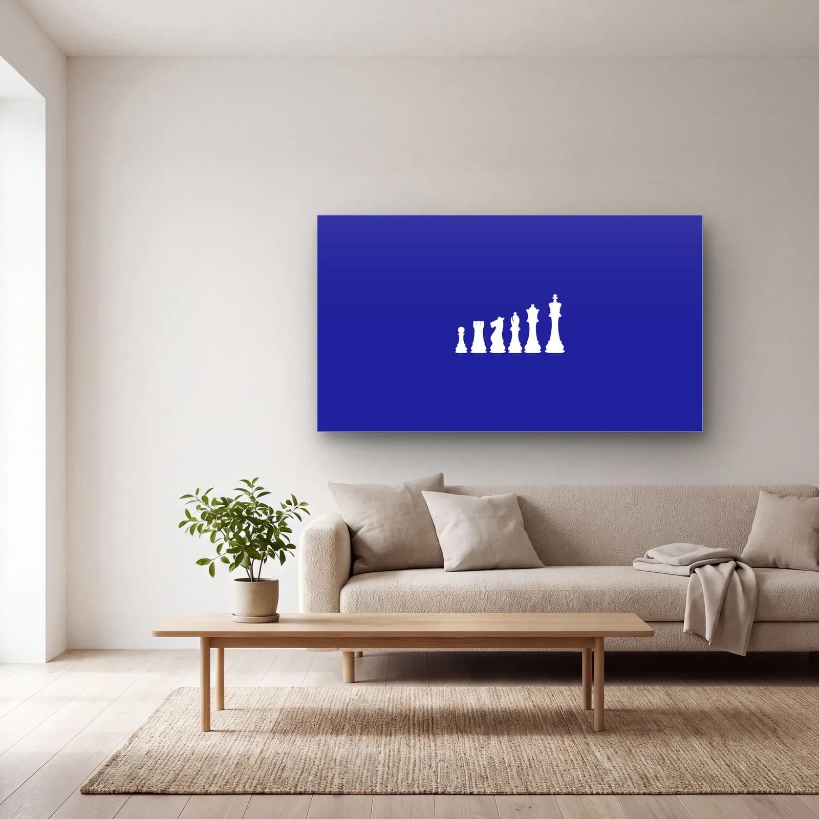 Minimal Satranç Taşları cam tablo — açık renk salonda