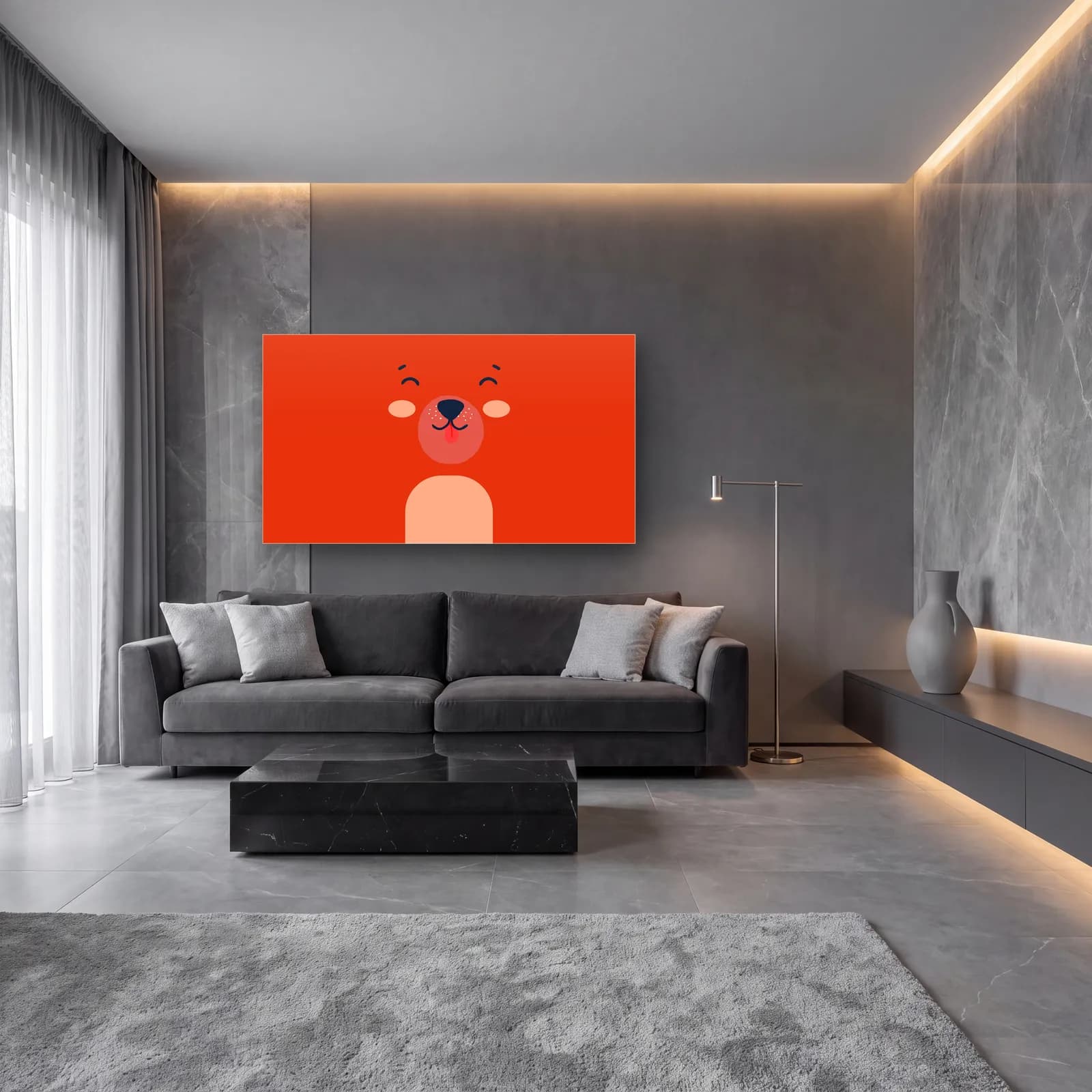 Minimal Kırmızı Ayıcık cam tablo — lüks salon duvarında