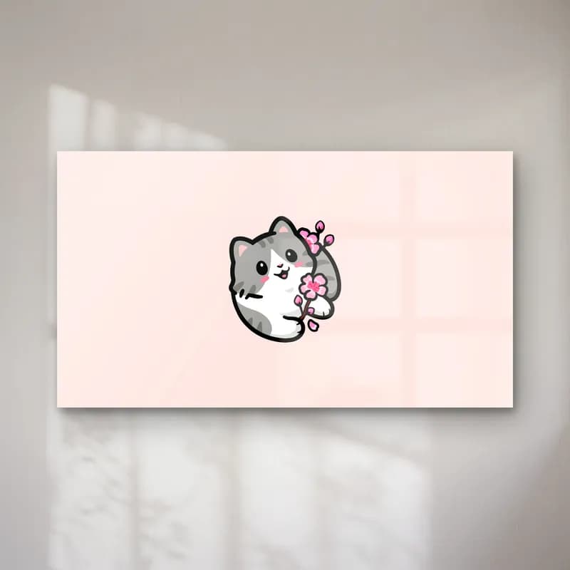 Sakuralı Sevimli Kedi cam tablo — Açık pembe arka planda pembe sakura çiçeği tutan sevimli gri beyaz kedi çizimi