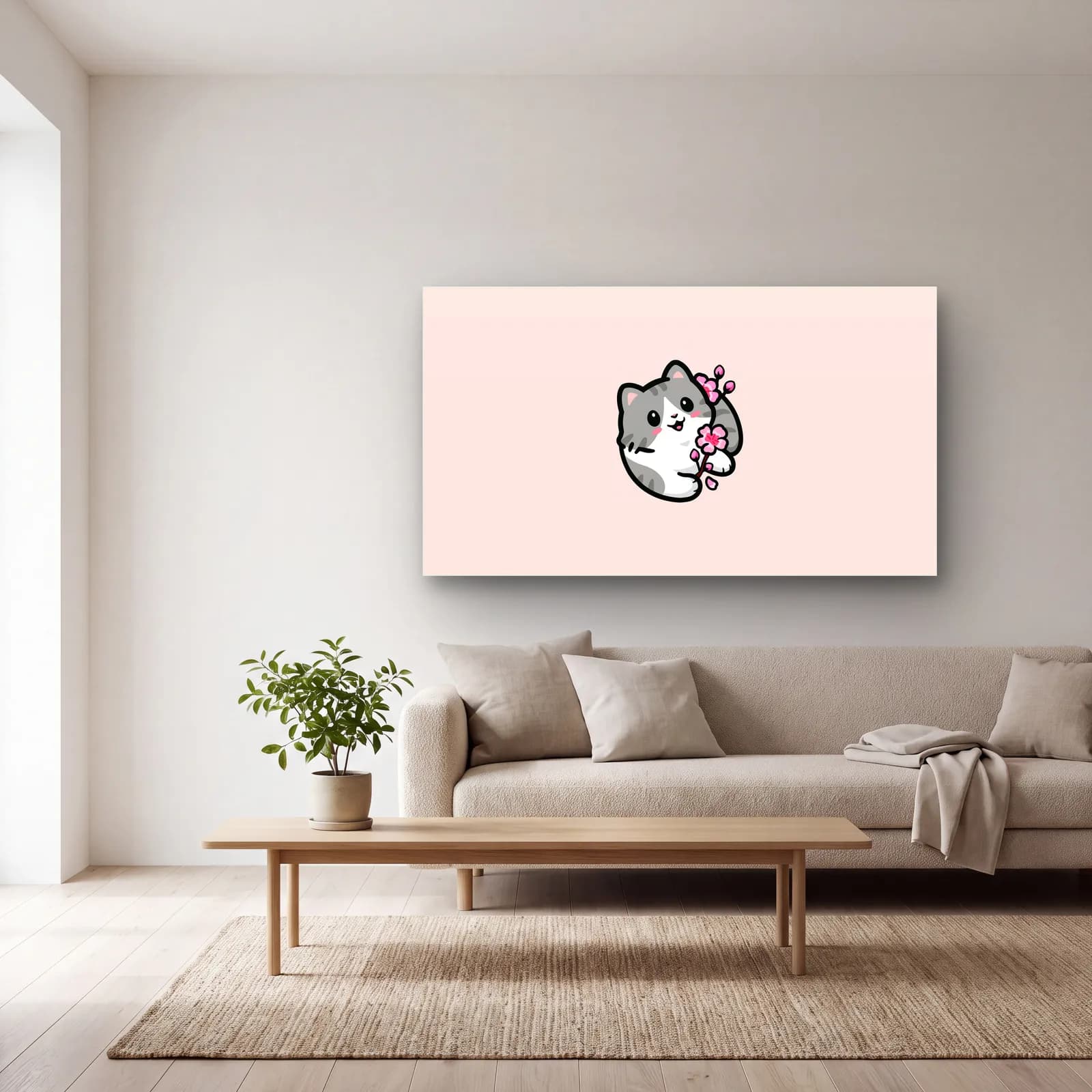 Sakuralı Sevimli Kedi cam tablo — açık renk salonda