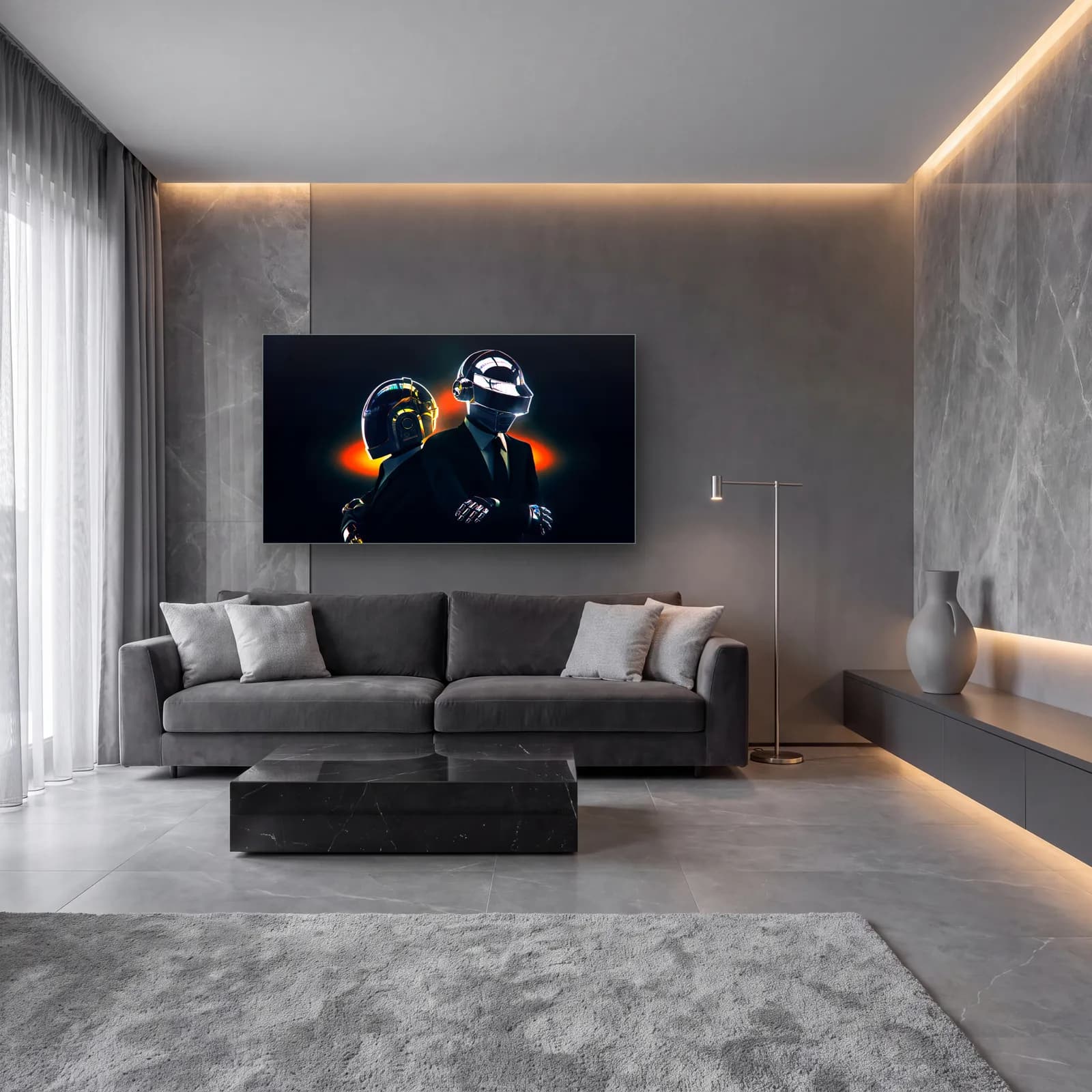Daft Punk Kaskları cam tablo — lüks salon duvarında