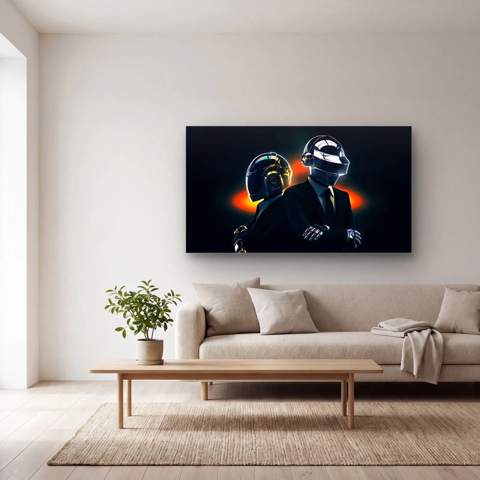 Daft Punk Kaskları cam tablo — açık renk salonda