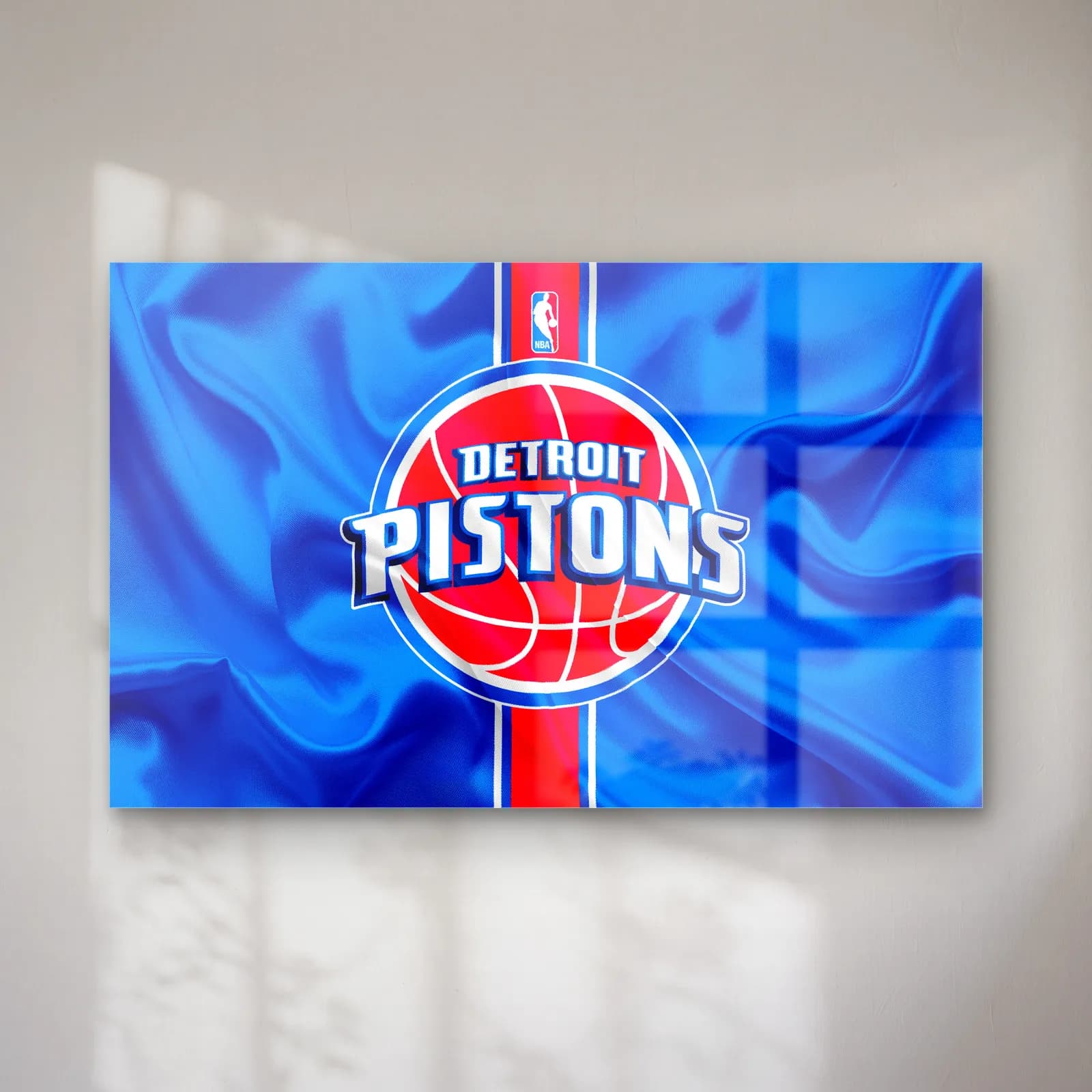 Detroit Pistons Logo Mavi cam tablo — Mavi dalgalı kumaş dokusu üzerinde kırmızı mavi Detroit Pistons logosu