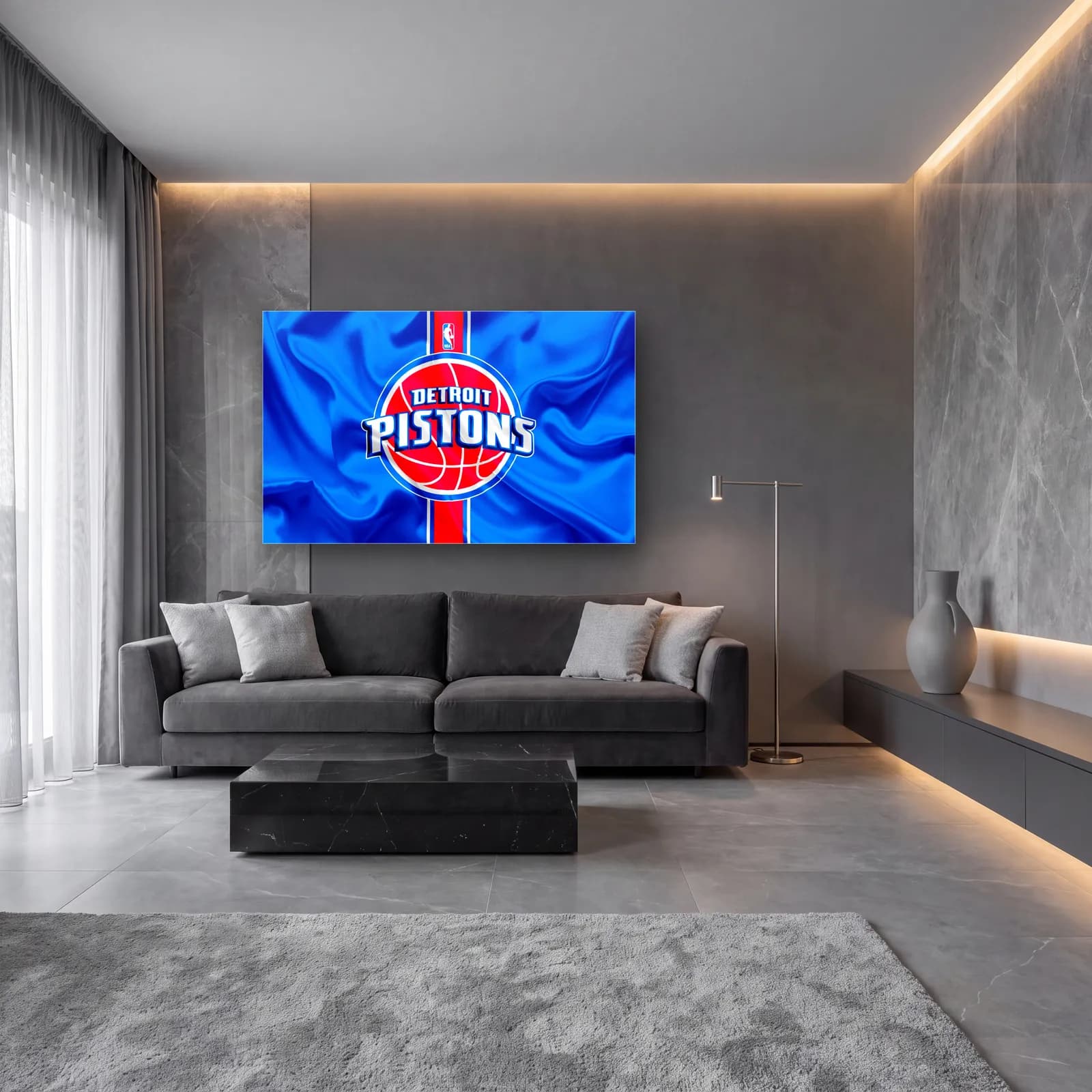 Detroit Pistons Logo Mavi cam tablo — lüks salon duvarında