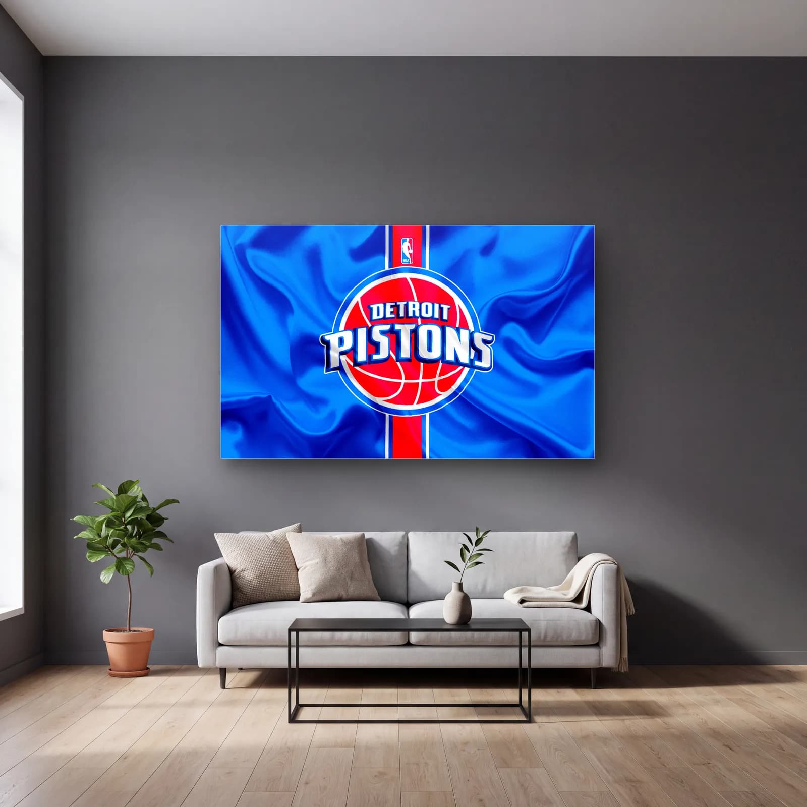 Detroit Pistons Logo Mavi cam tablo — gri duvarlı salonda