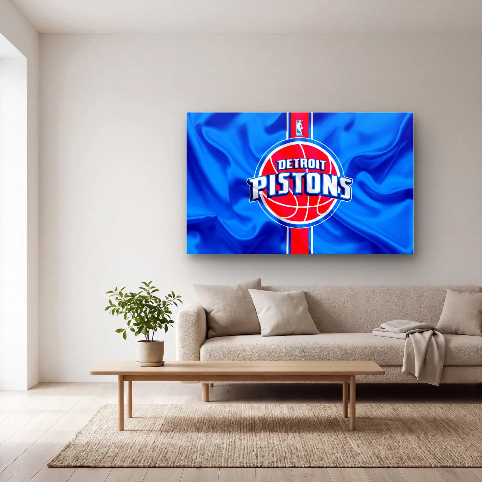 Detroit Pistons Logo Mavi cam tablo — açık renk salonda