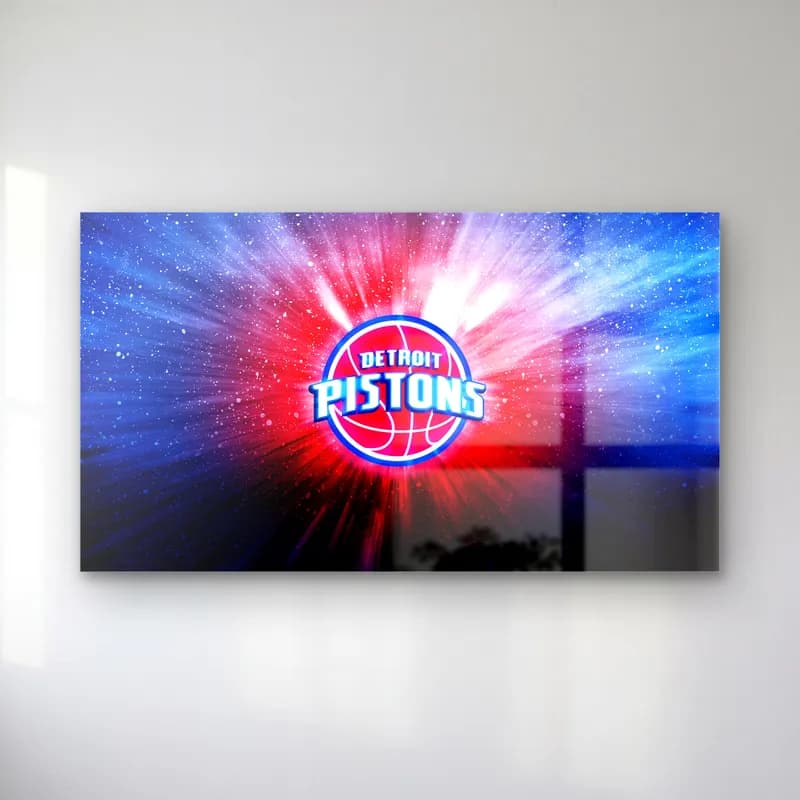 Detroit Pistons Işık Patlaması cam tablo — Kırmızı ve mavi ışık patlamasının ortasında Detroit Pistons basketbol logosu