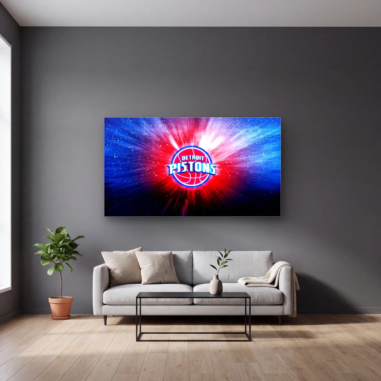 Detroit Pistons Işık Patlaması cam tablo — gri duvarlı salonda