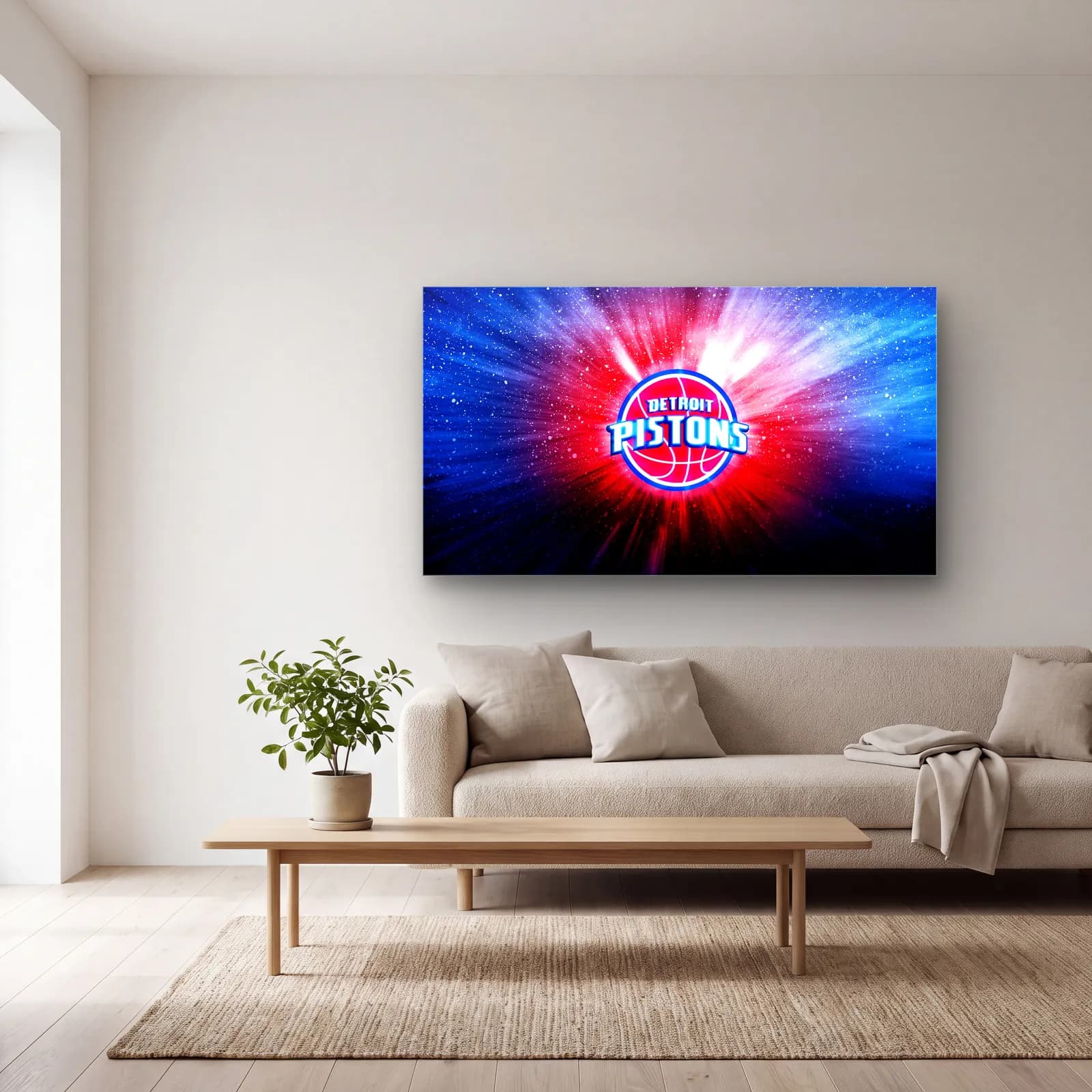 Detroit Pistons Işık Patlaması cam tablo — açık renk salonda