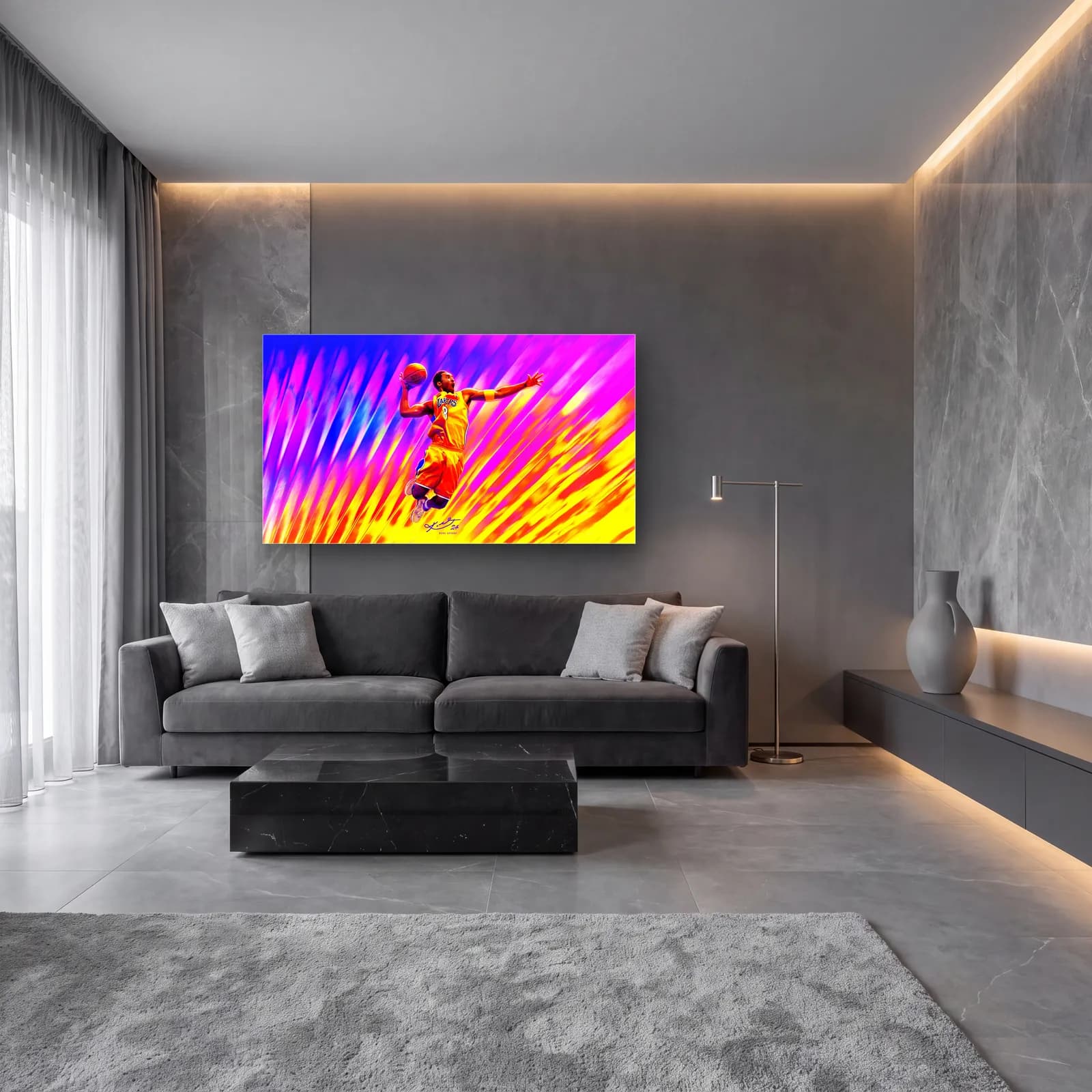 Kobe Bryant Smaç Pop Art cam tablo — lüks salon duvarında