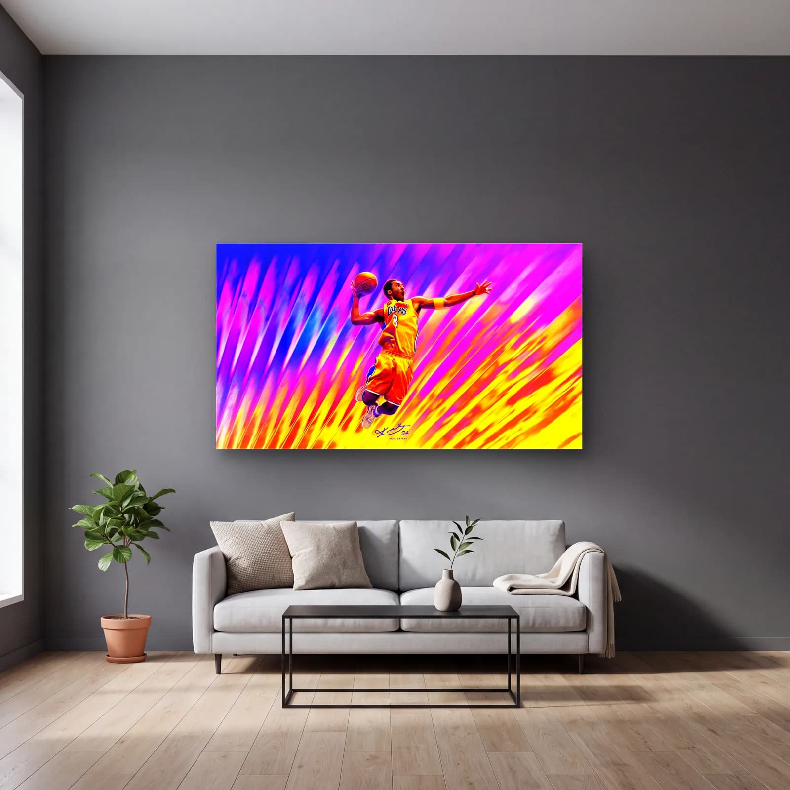 Kobe Bryant Smaç Pop Art cam tablo — gri duvarlı salonda