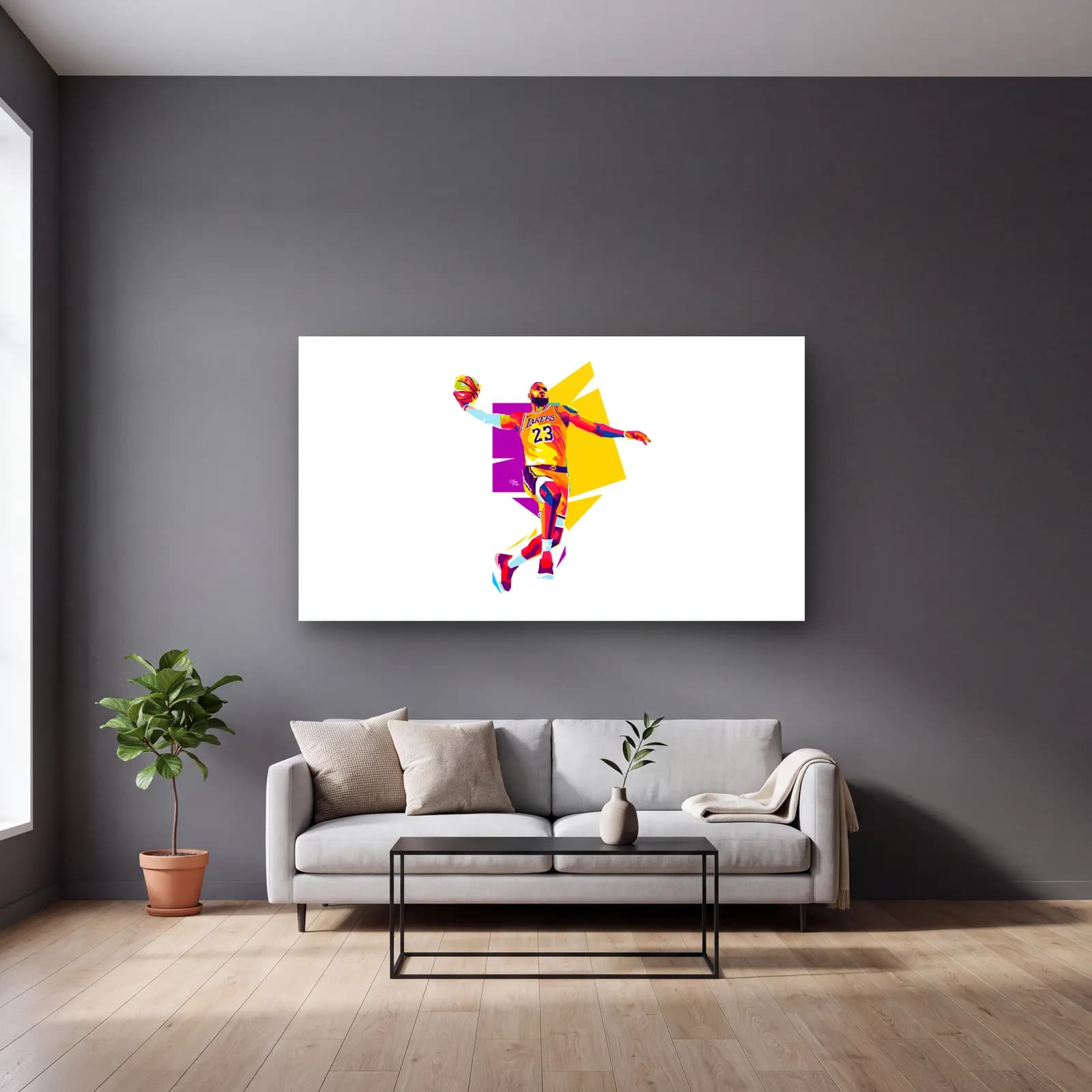 LeBron James Geometrik Pop Art cam tablo — gri duvarlı salonda