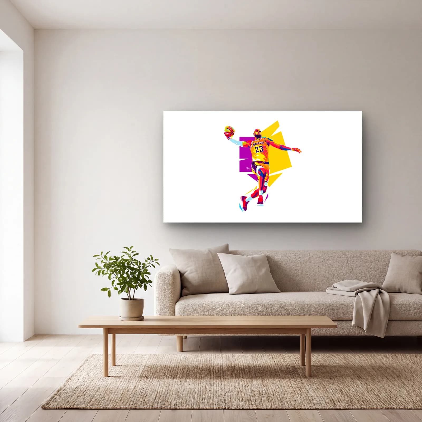 LeBron James Geometrik Pop Art cam tablo — açık renk salonda