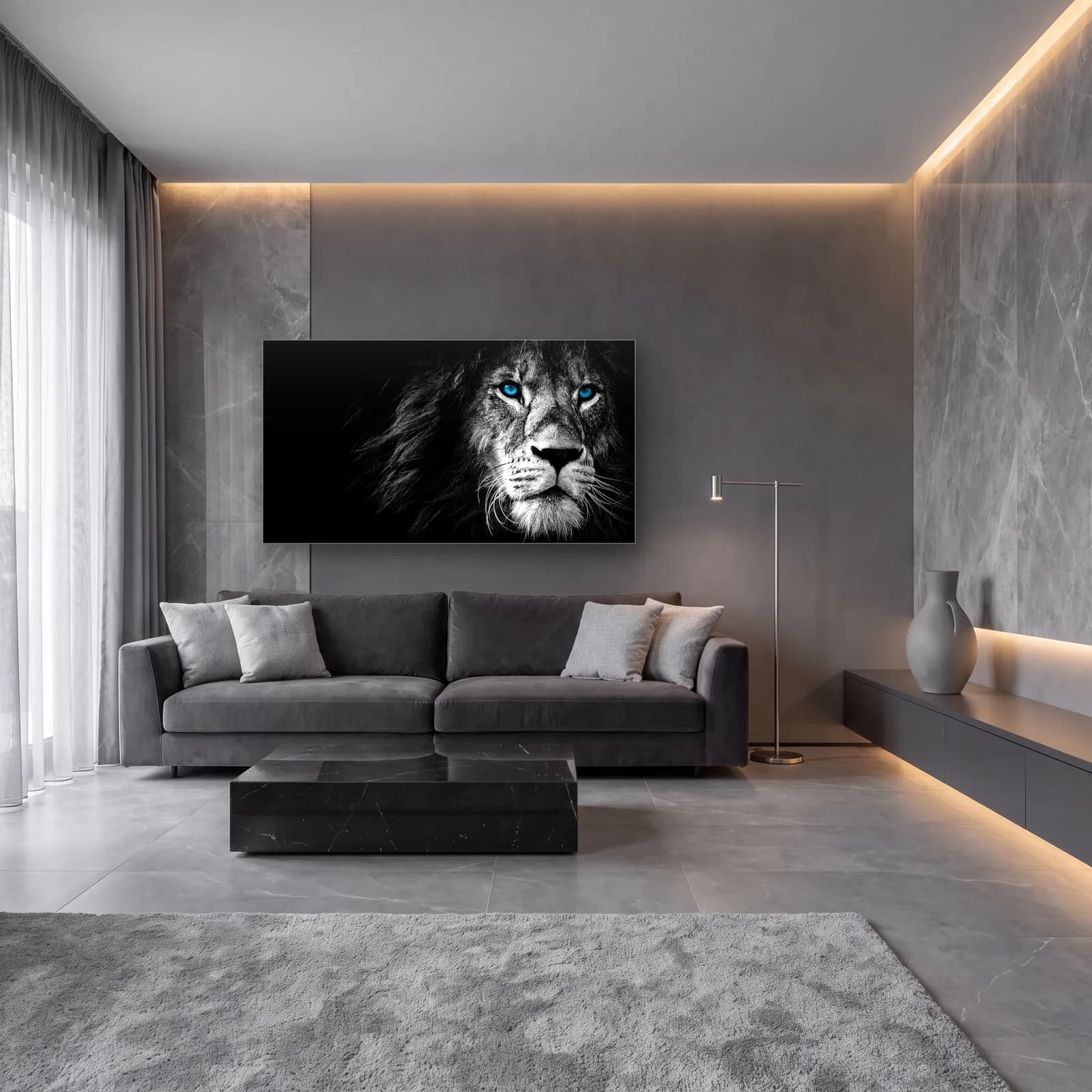 Mavi Gözlü Aslan cam tablo — lüks salon duvarında