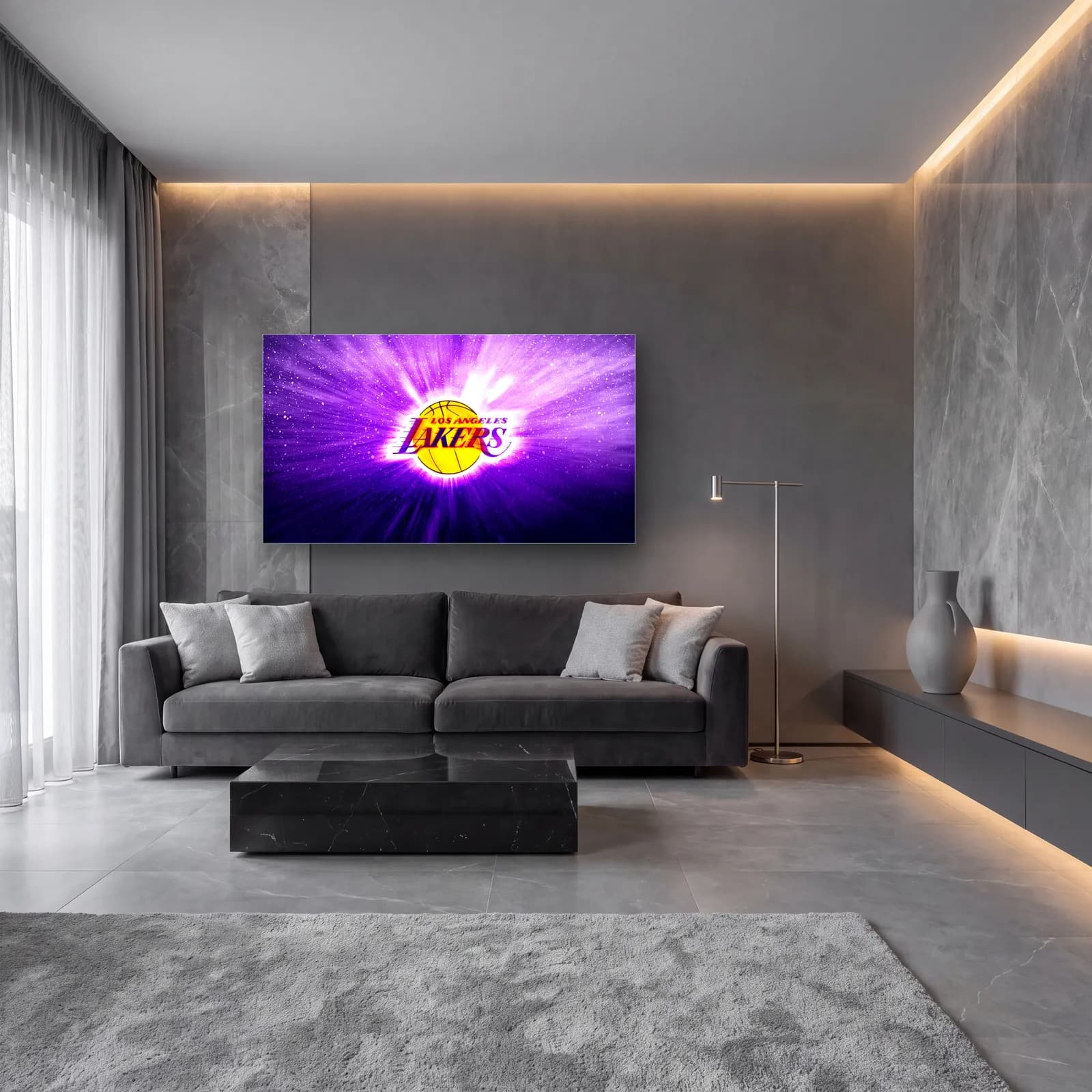 Lakers Logo Mor Işık cam tablo — lüks salon duvarında