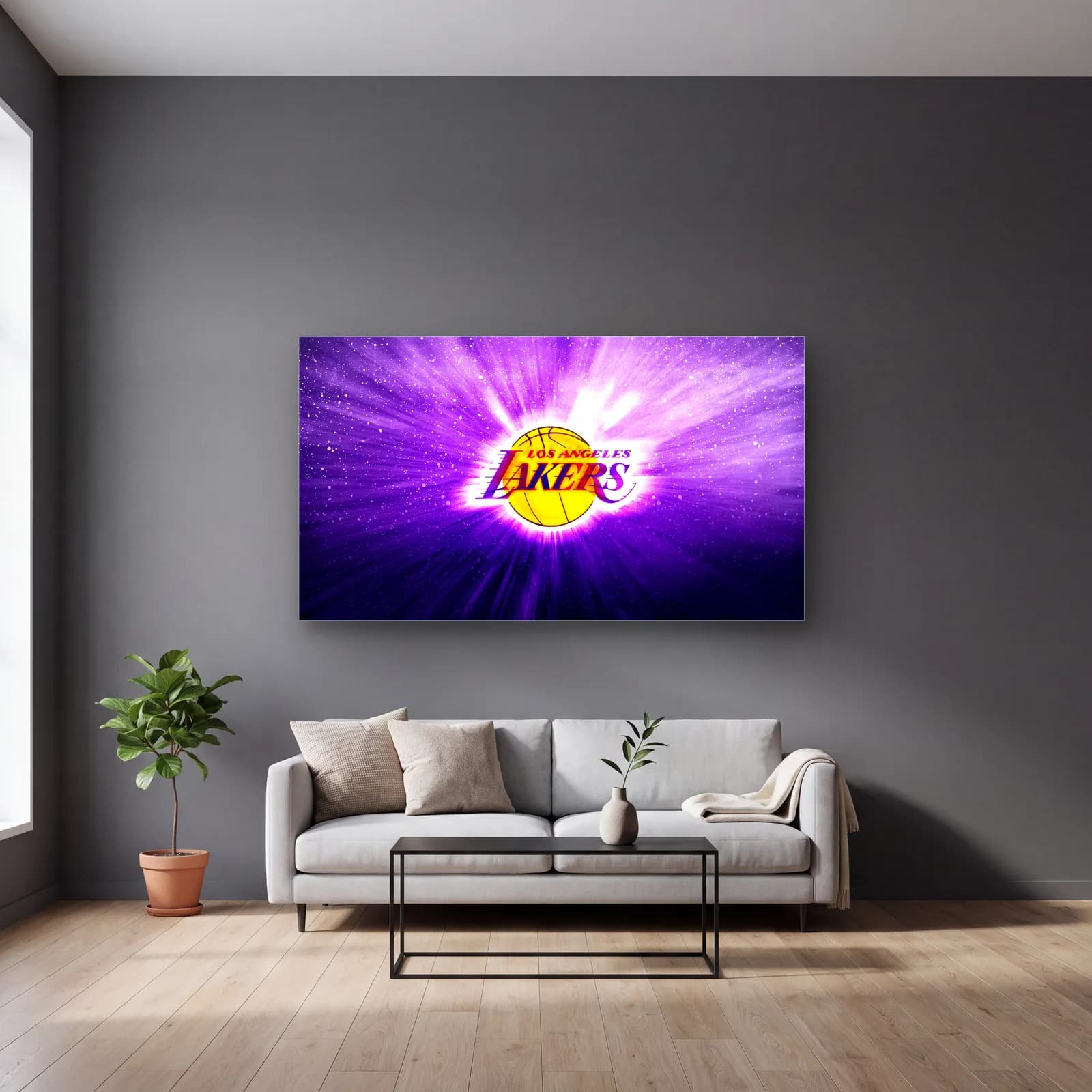 Lakers Logo Mor Işık cam tablo — gri duvarlı salonda