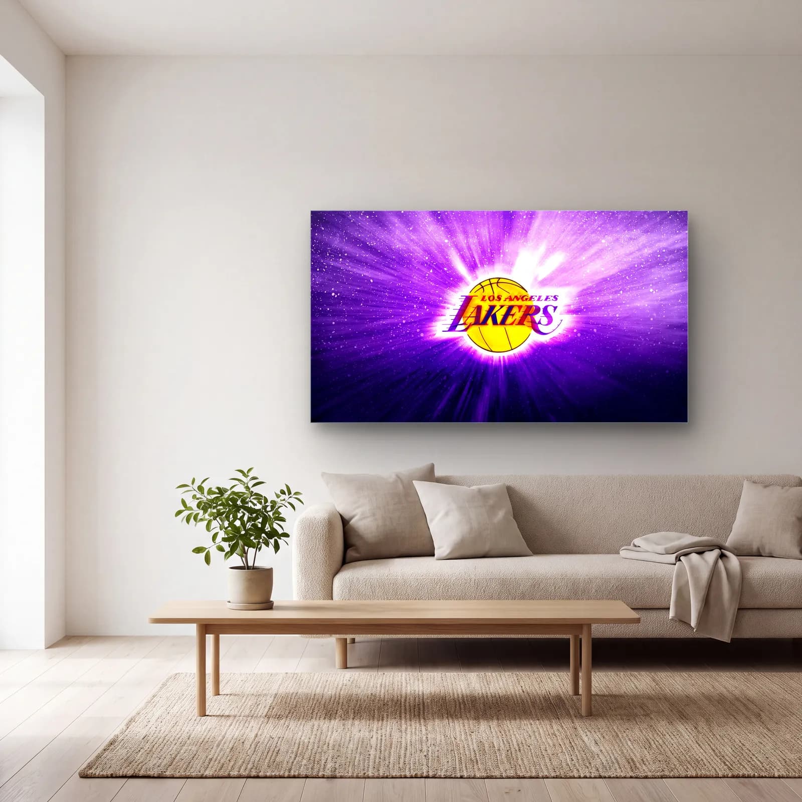 Lakers Logo Mor Işık cam tablo — açık renk salonda